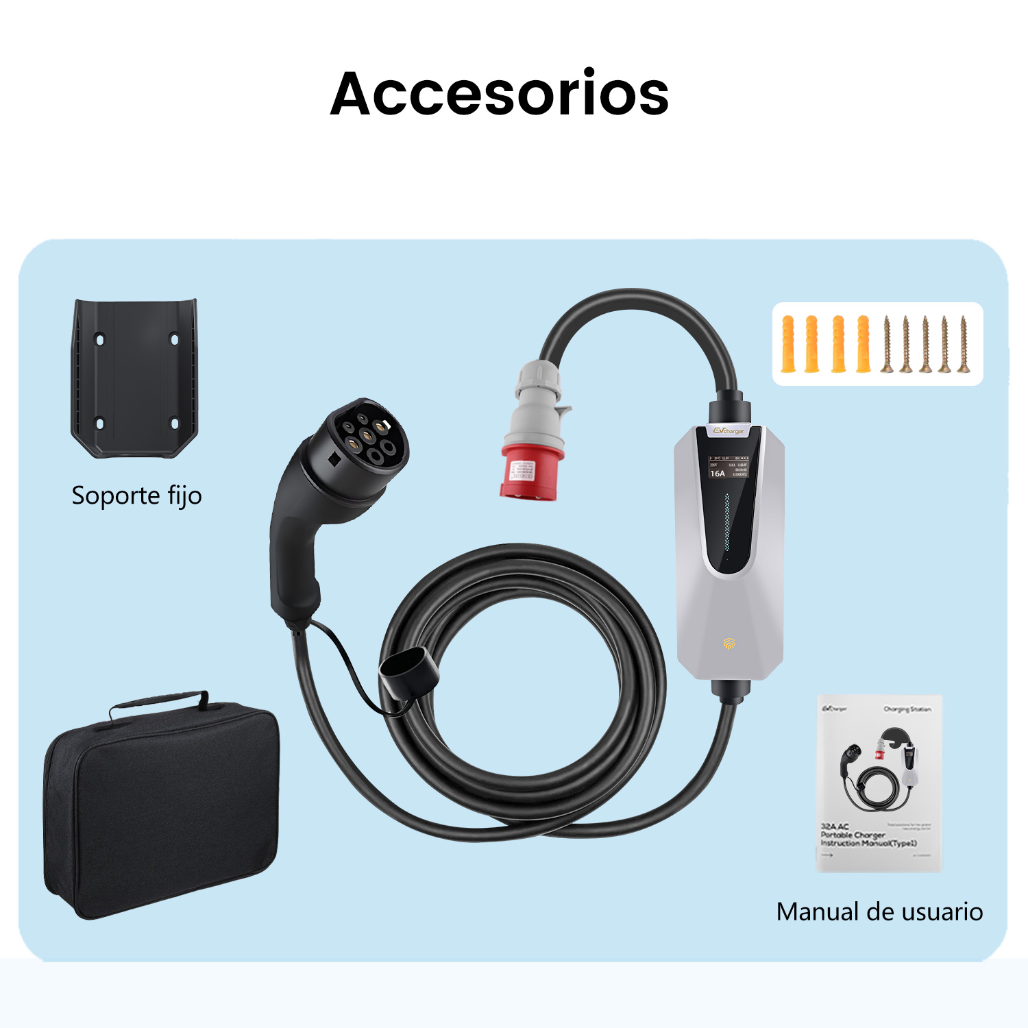 Accesorios para un cargador de coche eléctrico. Incluye un cable de carga, un soporte de pared y un manual de usuario. Varios elementos.