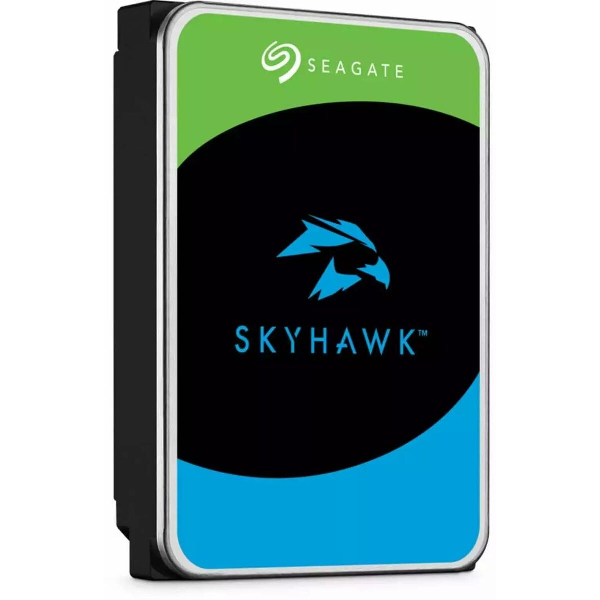 Dysk twardy Seagate Skyhawk. Góra zielona i czarna, dół niebieski. Marka na górze.