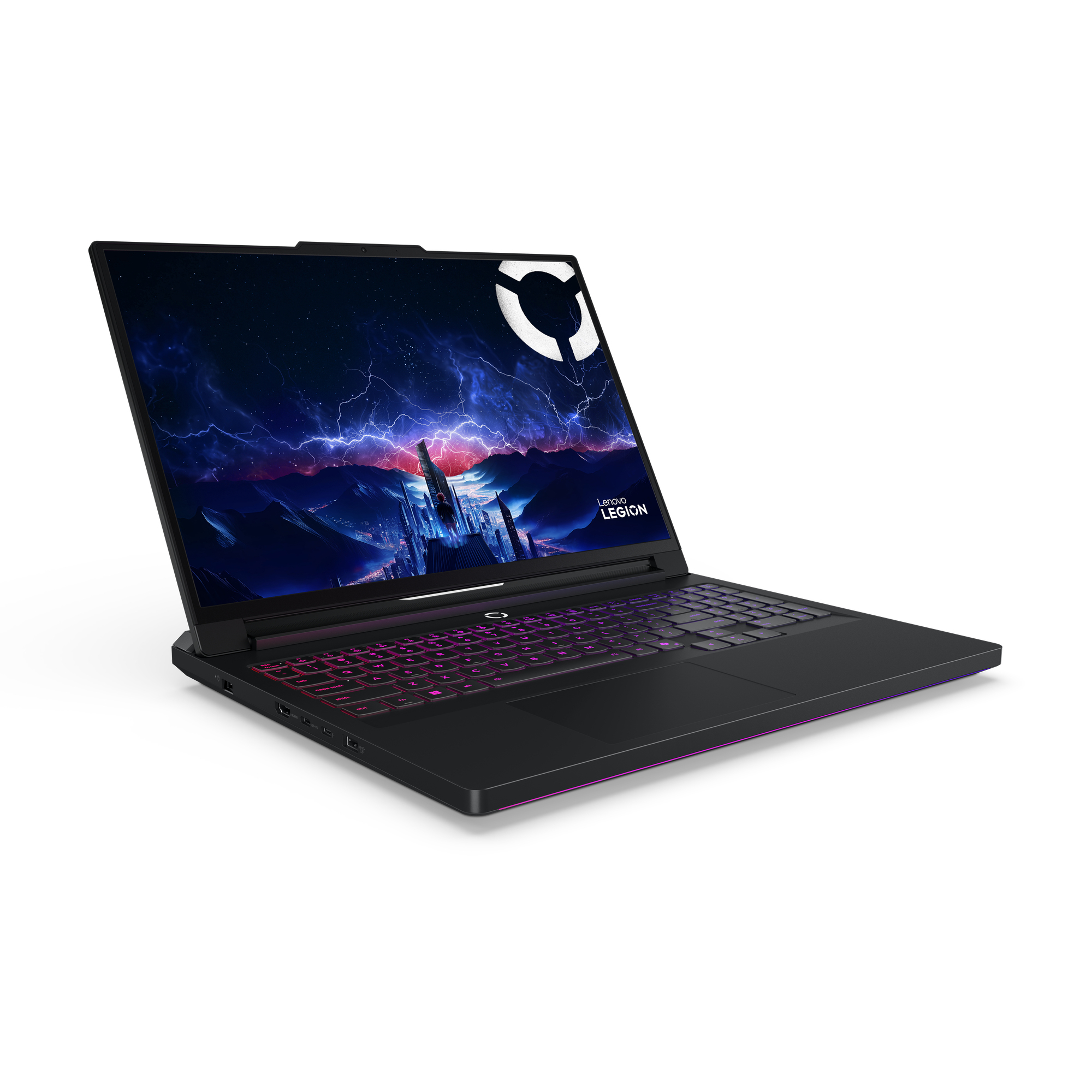 Un laptop da gioco nero con tastiera illuminata, aperto su sfondo bianco.