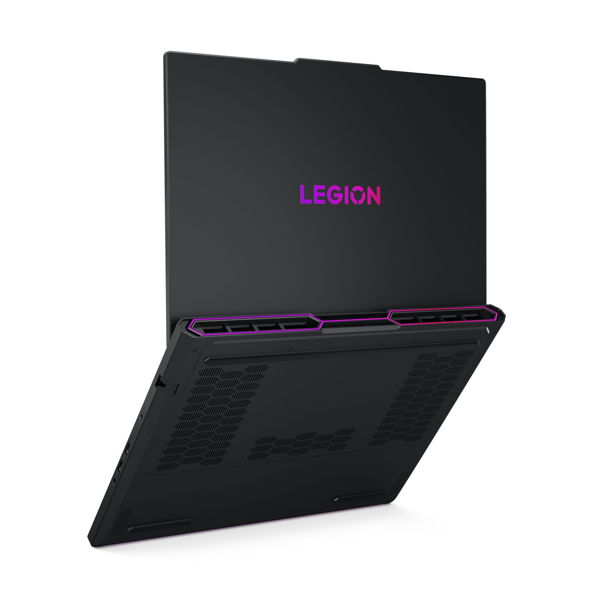 Laptop nero con logo Legion sul coperchio. Leggermente aperto, mostra l'interno.