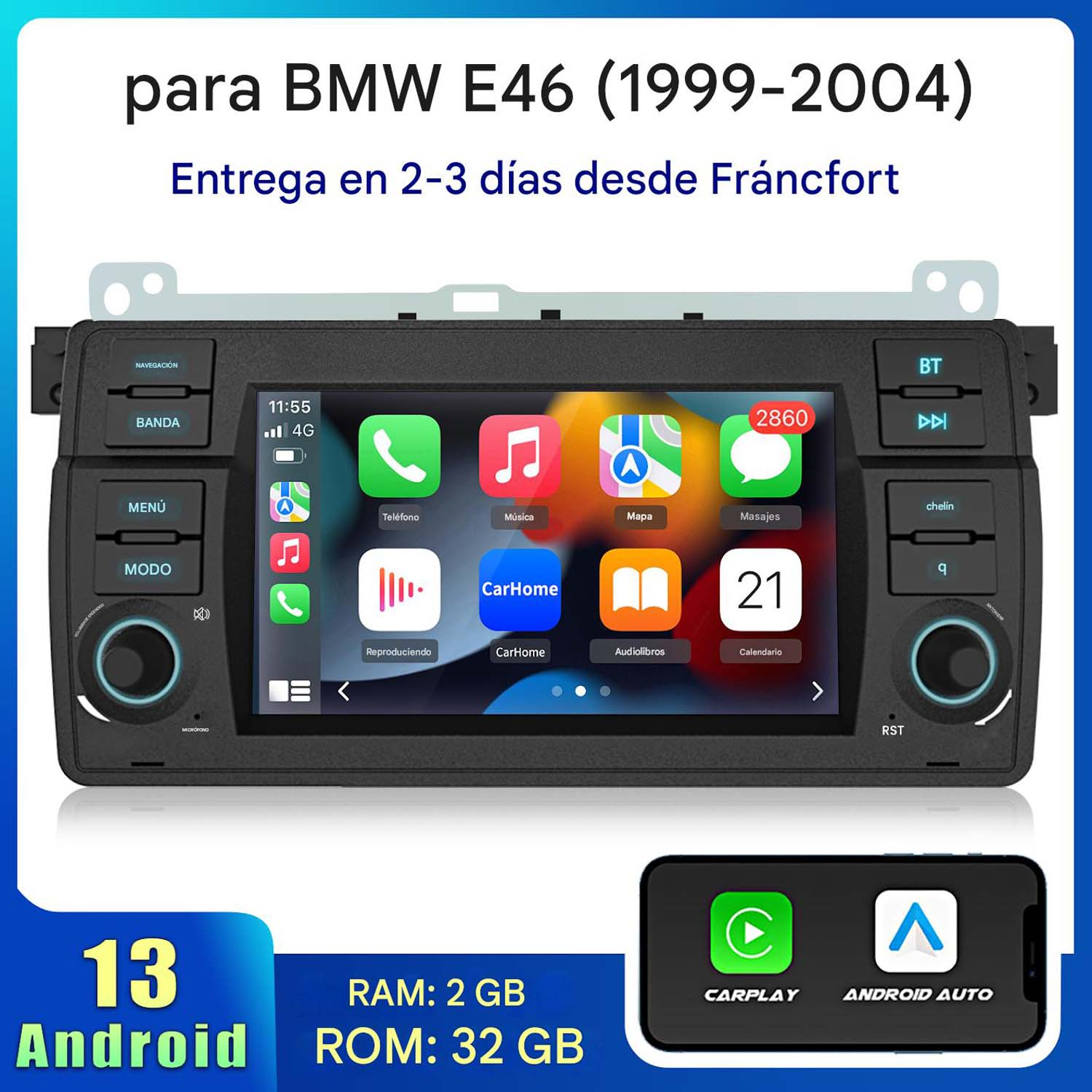 Estéreo de coche con pantalla que muestra iconos de aplicaciones. El texto dice que es para BMW E46.