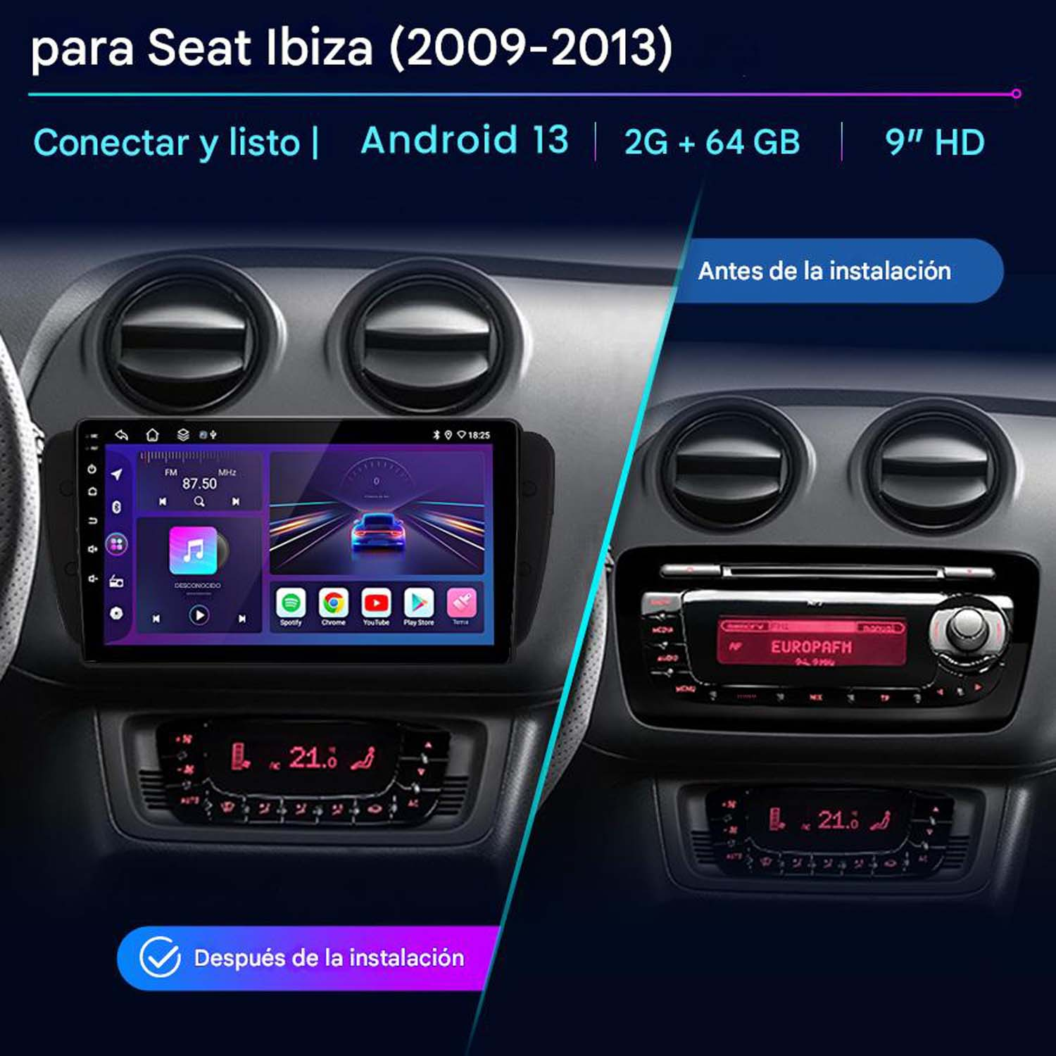 Panel del coche con pantallas antiguas y nuevas. Una muestra la radio, la otra una interfaz Android moderna.