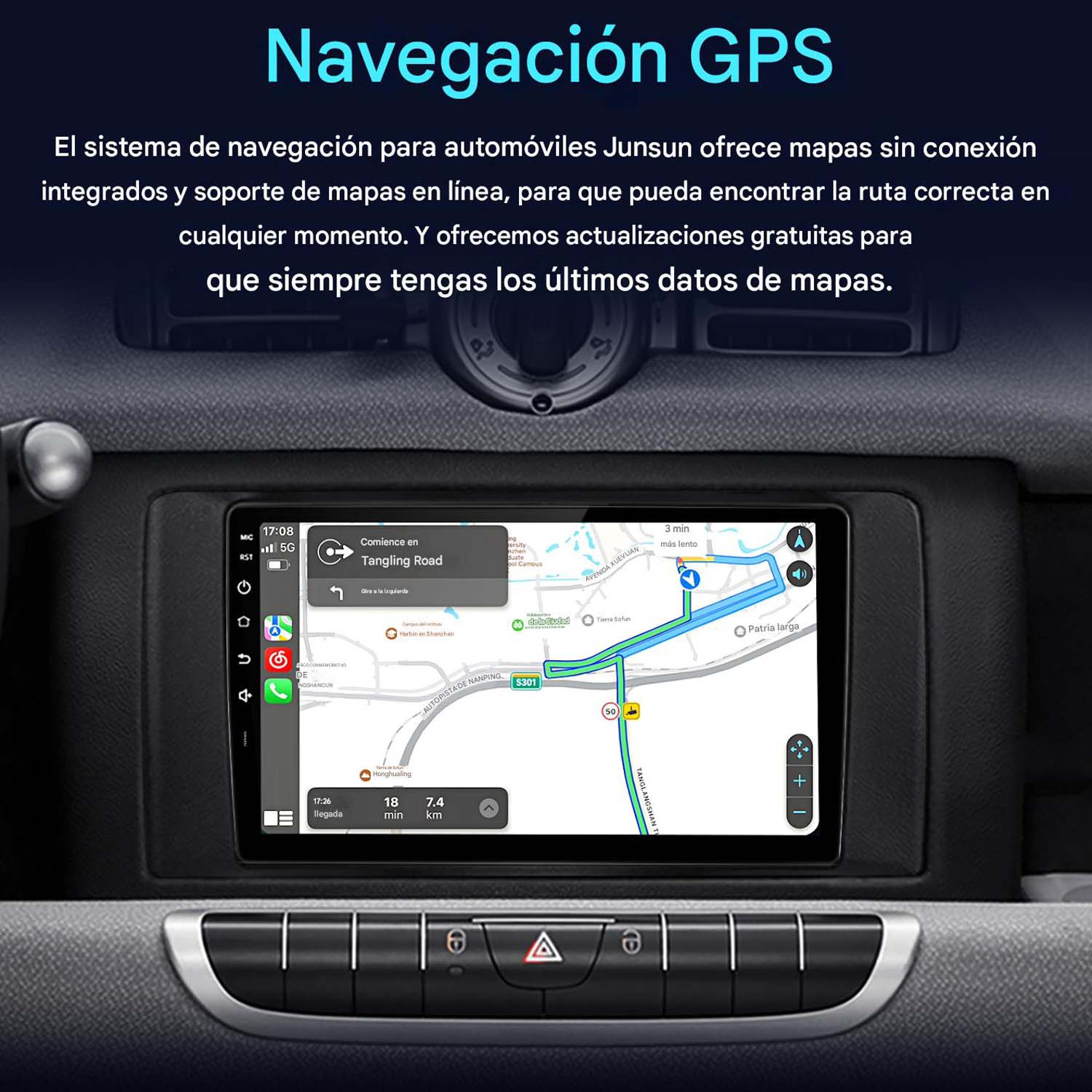 Pantalla del sistema de navegación del coche mostrando un mapa. Muestra una ruta con indicaciones. La pantalla es negra.
