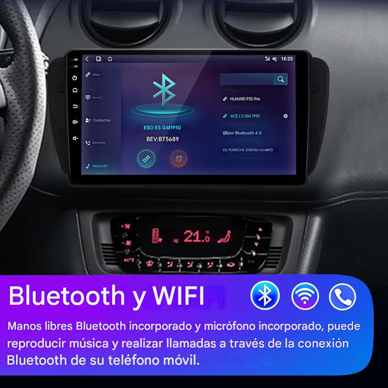 Estéreo de coche con pantalla táctil, Bluetooth y funciones WiFi.