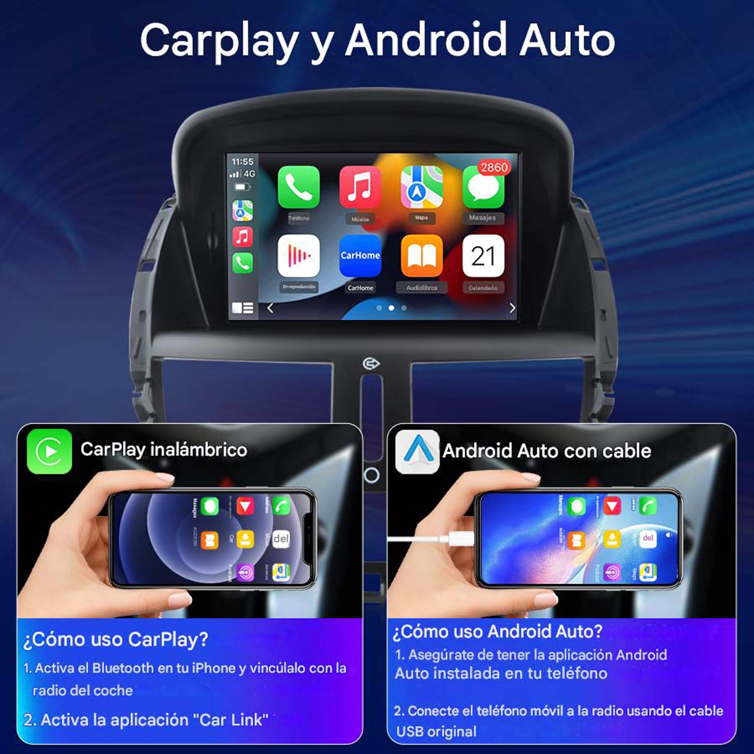 Interfaz CarPlay y Android Auto en pantalla de coche. Dos teléfonos conectados.
