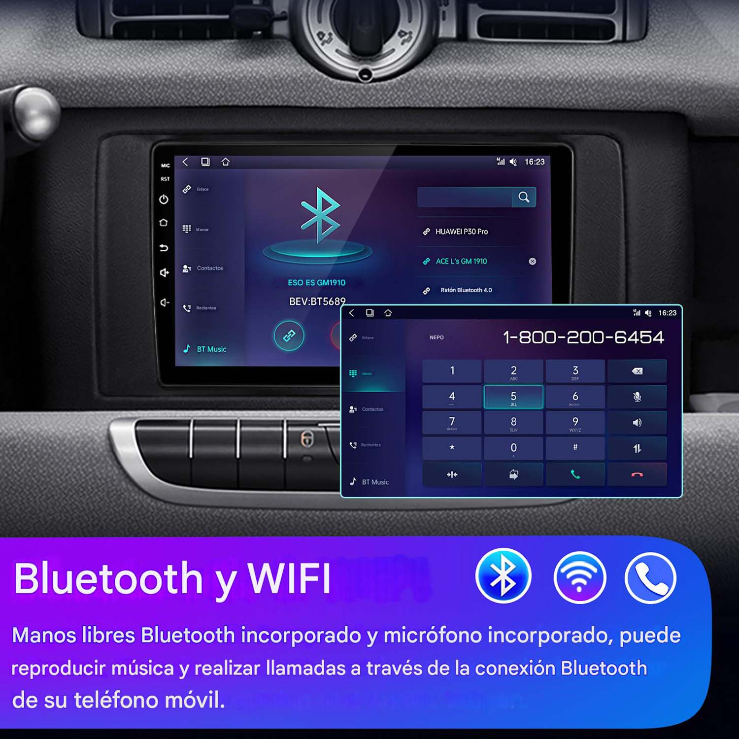 Pantalla del sistema multimedia del automóvil que muestra las opciones de Bluetooth y WIFI, también un teclado telefónico.