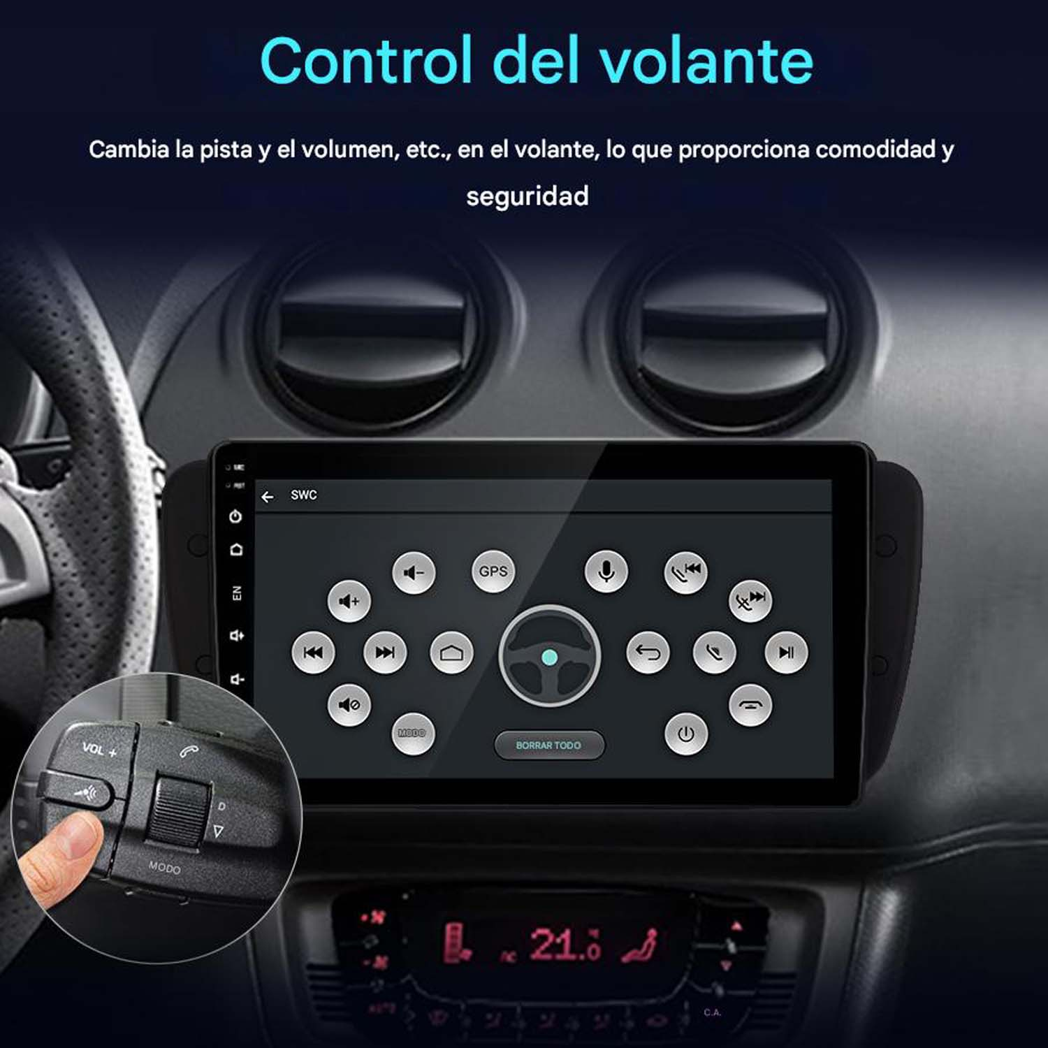 Panel de control del coche con controles del volante y pantalla táctil. El fondo es un interior de coche.