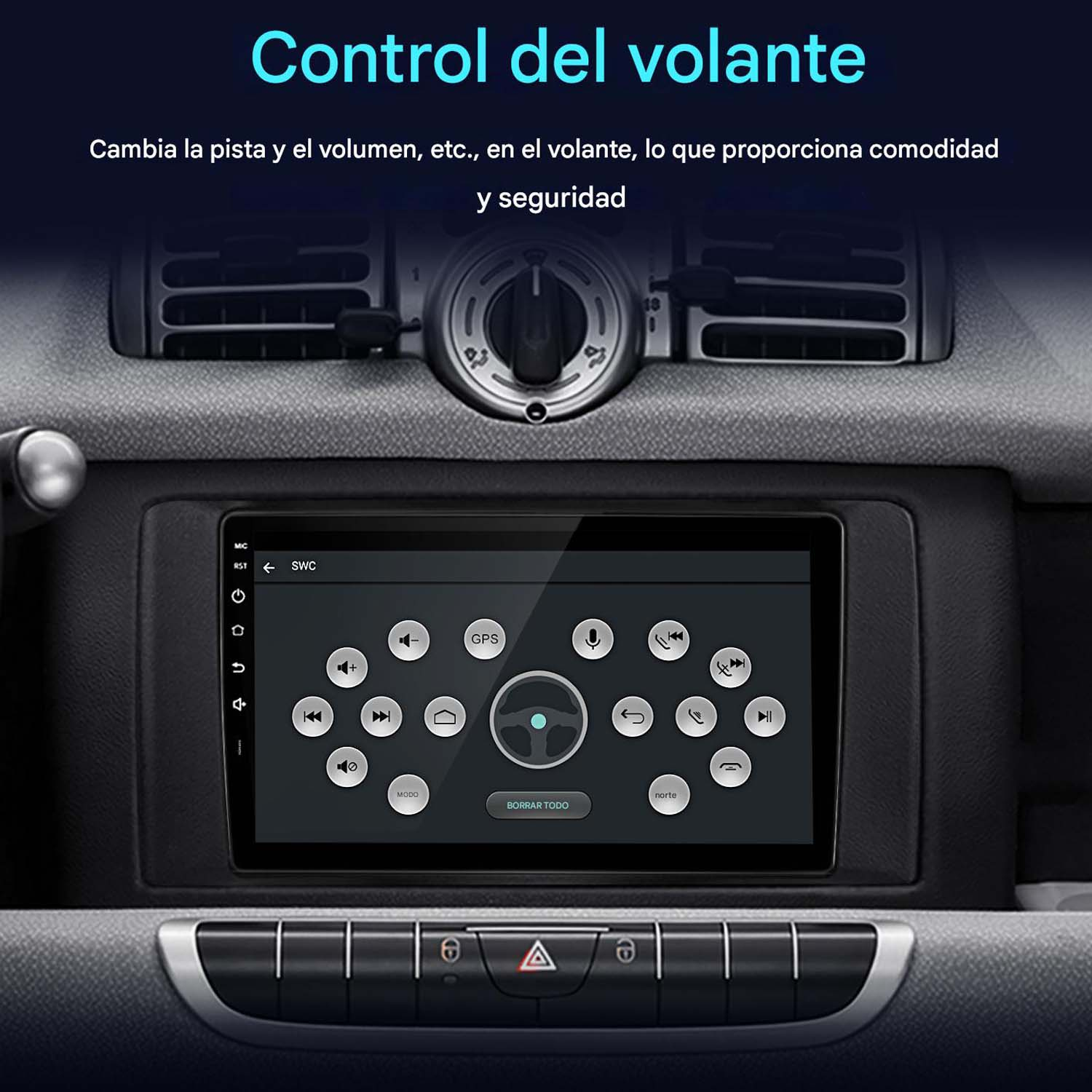 Interfaz de pantalla del sistema de audio del coche. Pantalla táctil con botones de volumen, GPS, etc.