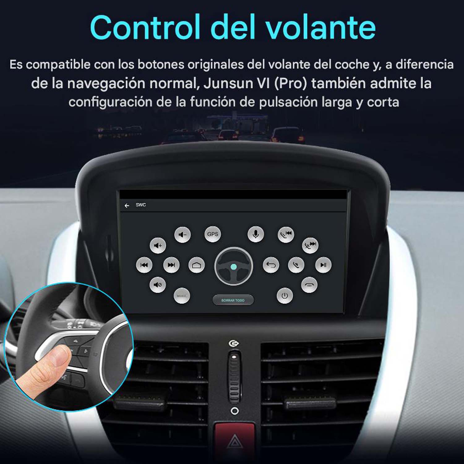 Interior del coche con una pantalla que muestra los controles. Una mano toca un botón del volante.