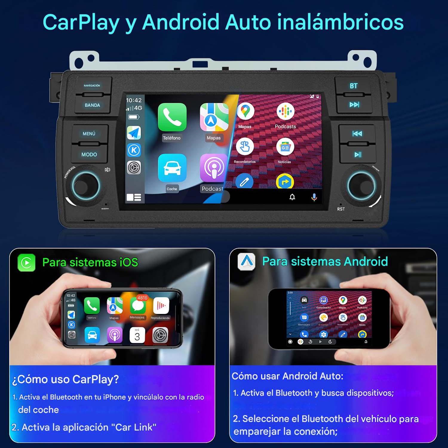 Interfaz de sistema multimedia para coche con integración de smartphone para iOS y Android.