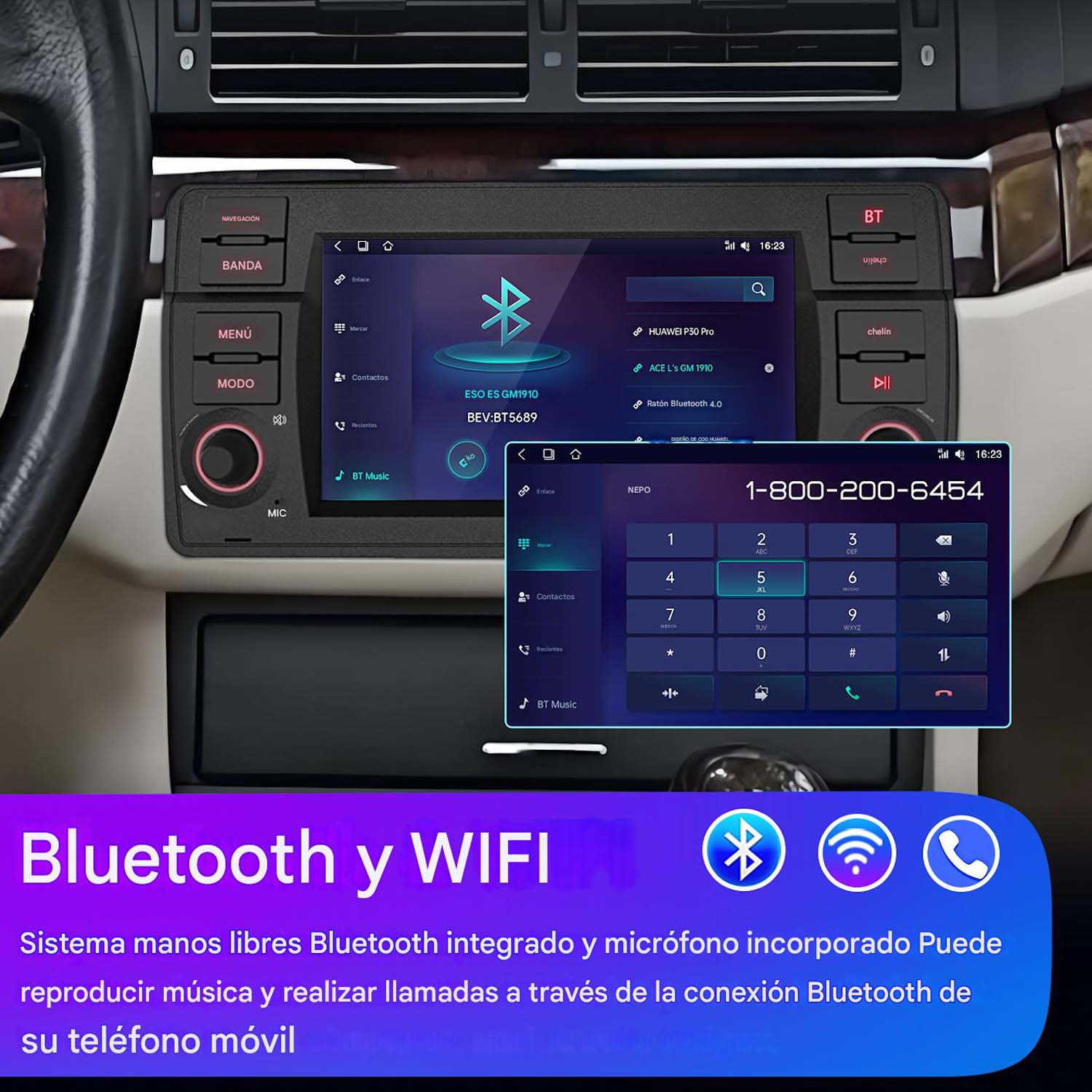 Salpicadero de coche con pantalla que muestra opciones Bluetooth y Wifi y una interfaz de marcación.