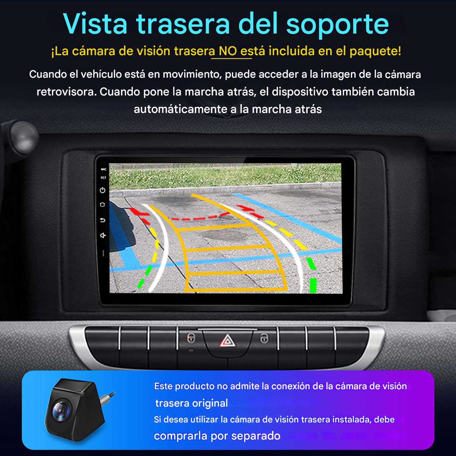 Panel del coche que muestra una pantalla con marcas viales. Se muestra una pequeña cámara abajo.