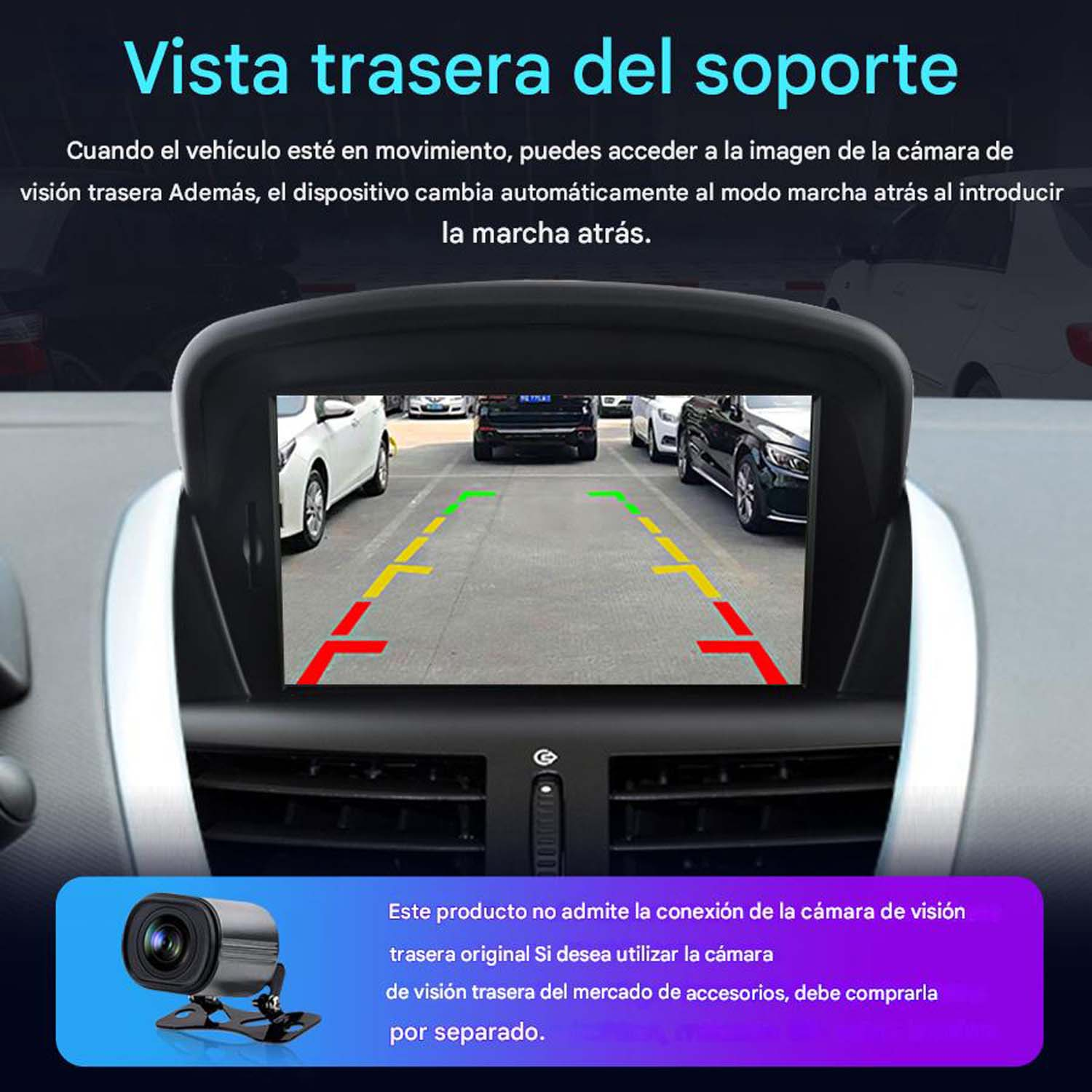 Componentes del sistema multimedia del automóvil, incluyendo una pantalla de visión trasera, cámara y un interior de automóvil.