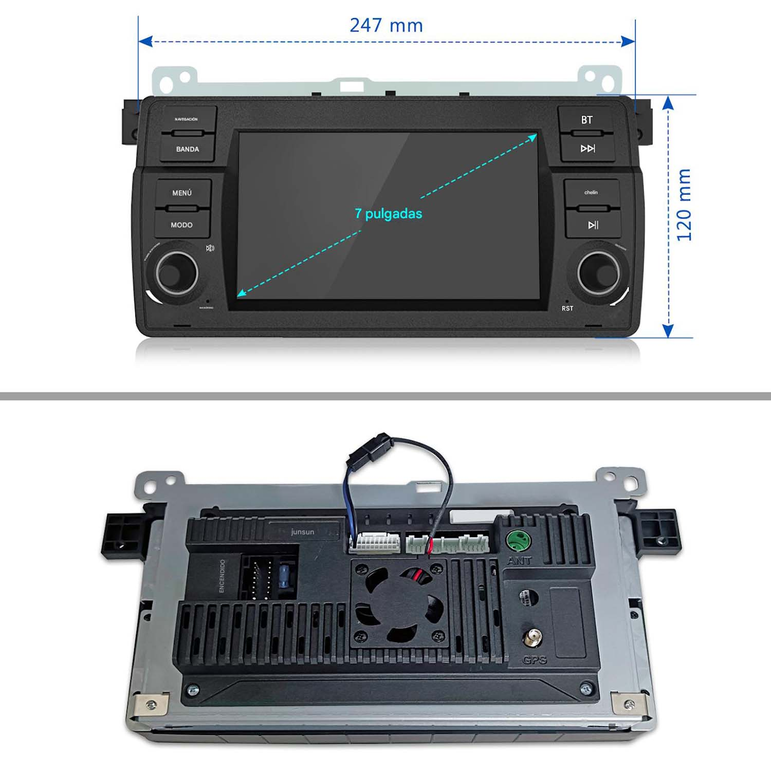 Sistema multimedia para coche. Pantalla táctil. Dimensiones etiquetadas. Tiene botones. Vistas frontal y trasera.