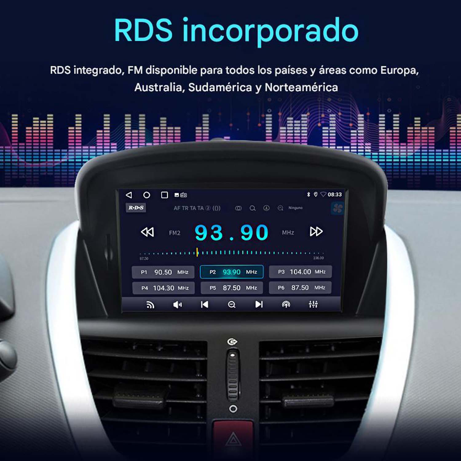 Pantalla de radio de coche que muestra información de radio con botones.