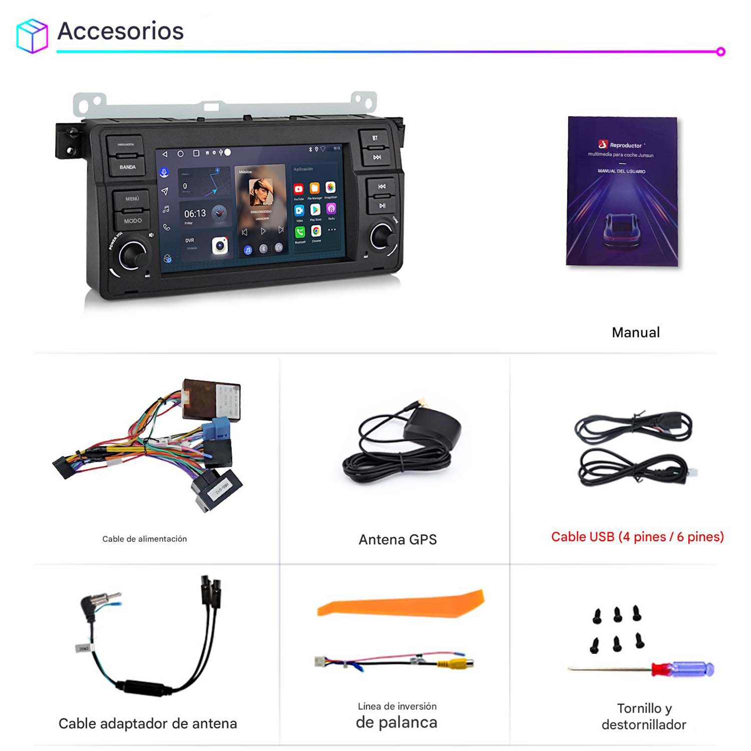Accesorios de estéreo de coche que incluyen una pantalla, cables, adaptador de antena y herramientas.