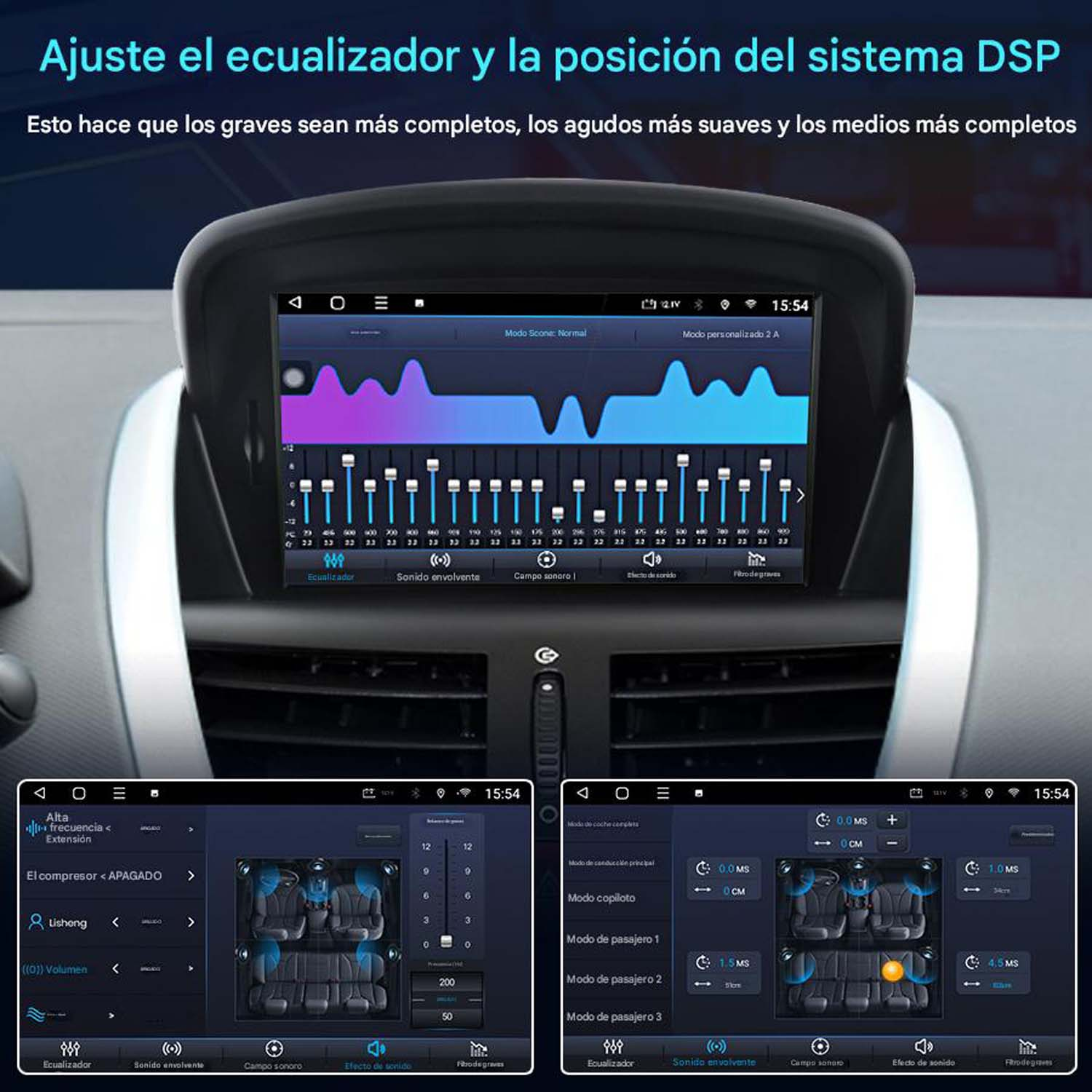 Pantalla del sistema multimedia del coche mostrando ajustes de ecualizador y vistas del interior.