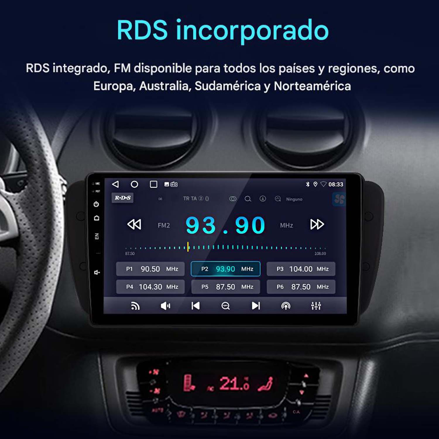 Un sistema de audio para coche que muestra una interfaz de radio con frecuencia de radio FM.