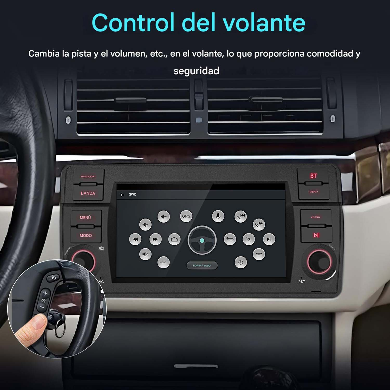 Pantalla del sistema multimedia del coche con control del volante. Se ven la pantalla y los botones del volante.