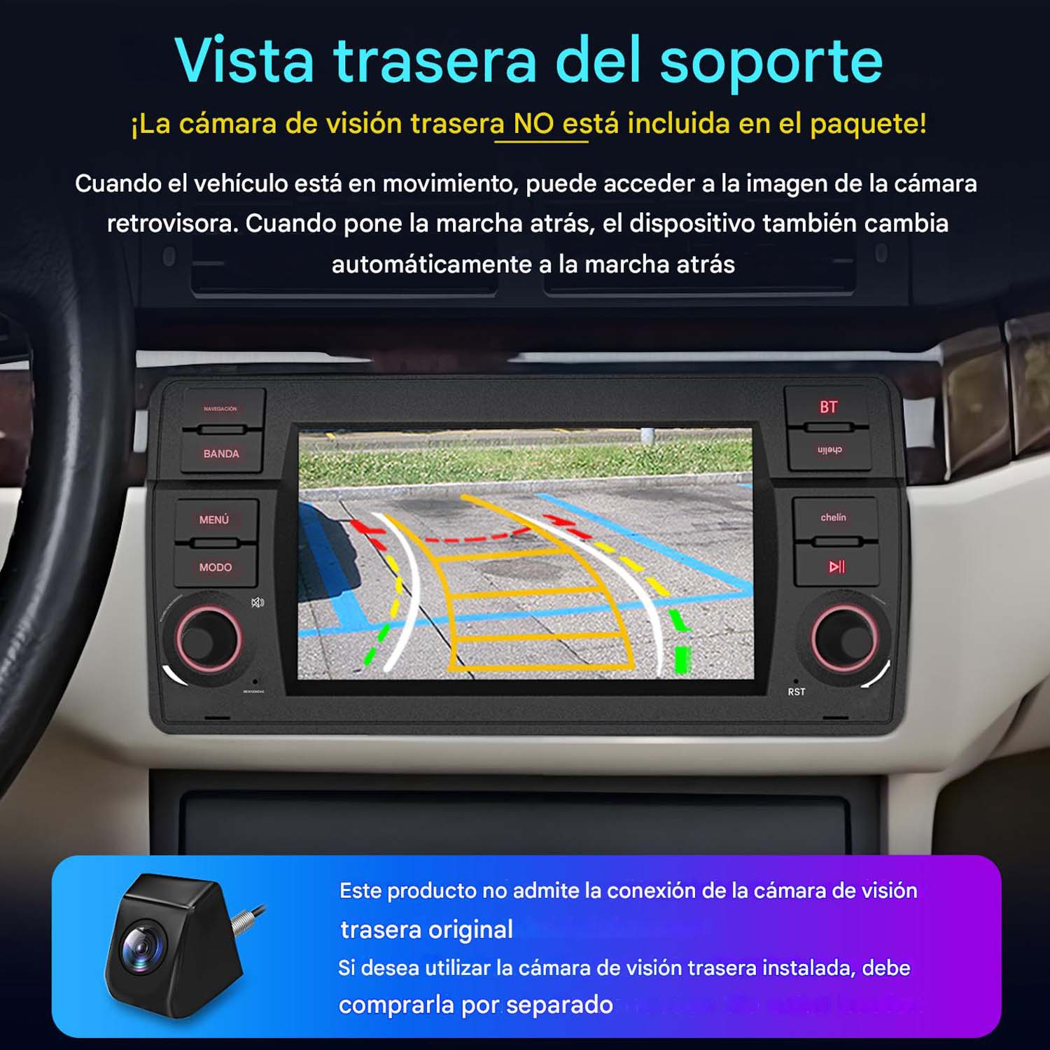 Pantalla del salpicadero del coche que muestra un mapa de navegación. Incluye una imagen de cámara trasera.