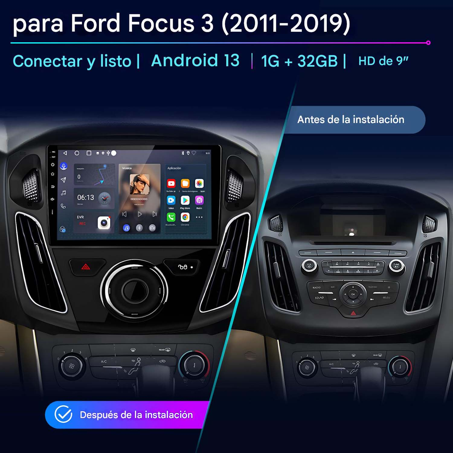Panel de instrumentos del coche con pantalla instalada mostrando la interfaz del coche.