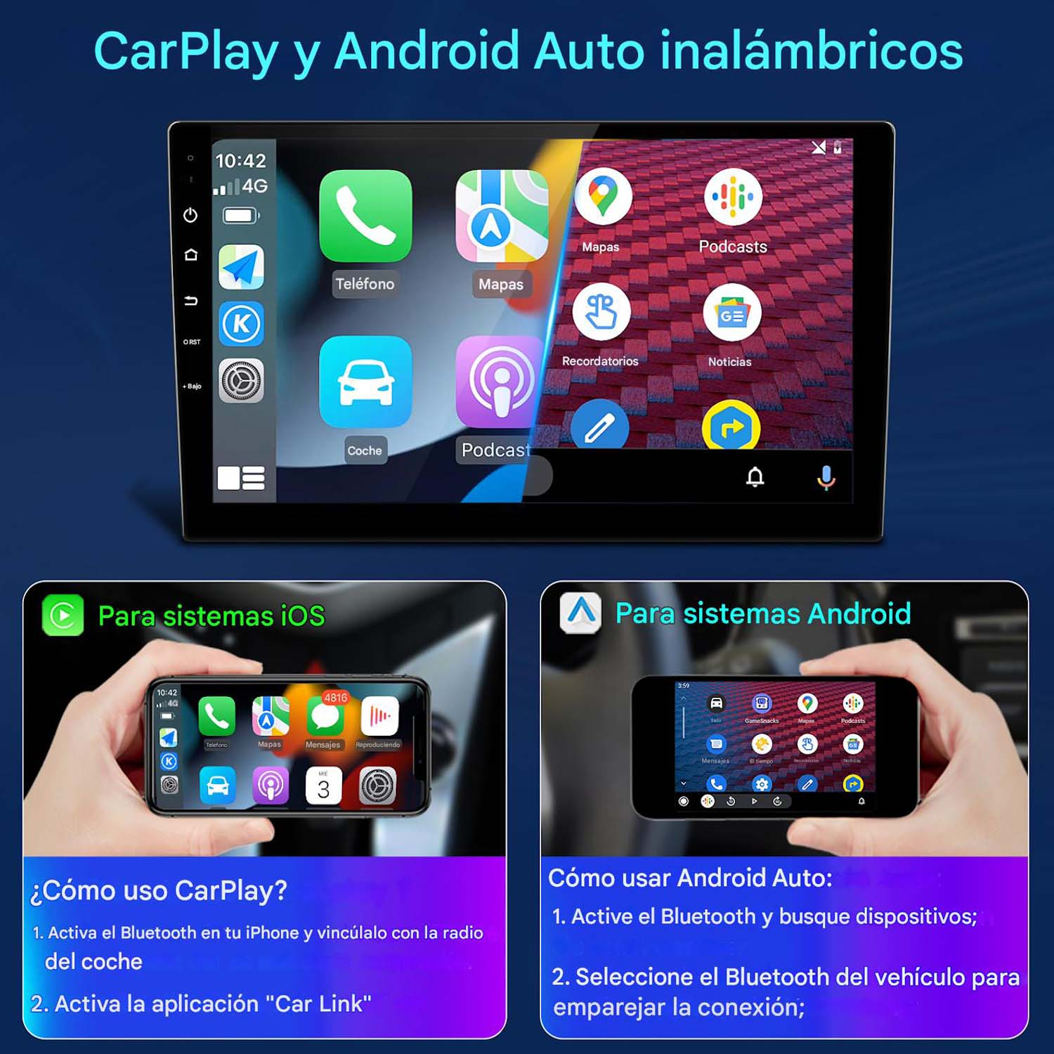 Interfaz del sistema multimedia con iconos de aplicaciones, incluyendo navegación y teléfono. Instrucciones CarPlay y Android Auto.