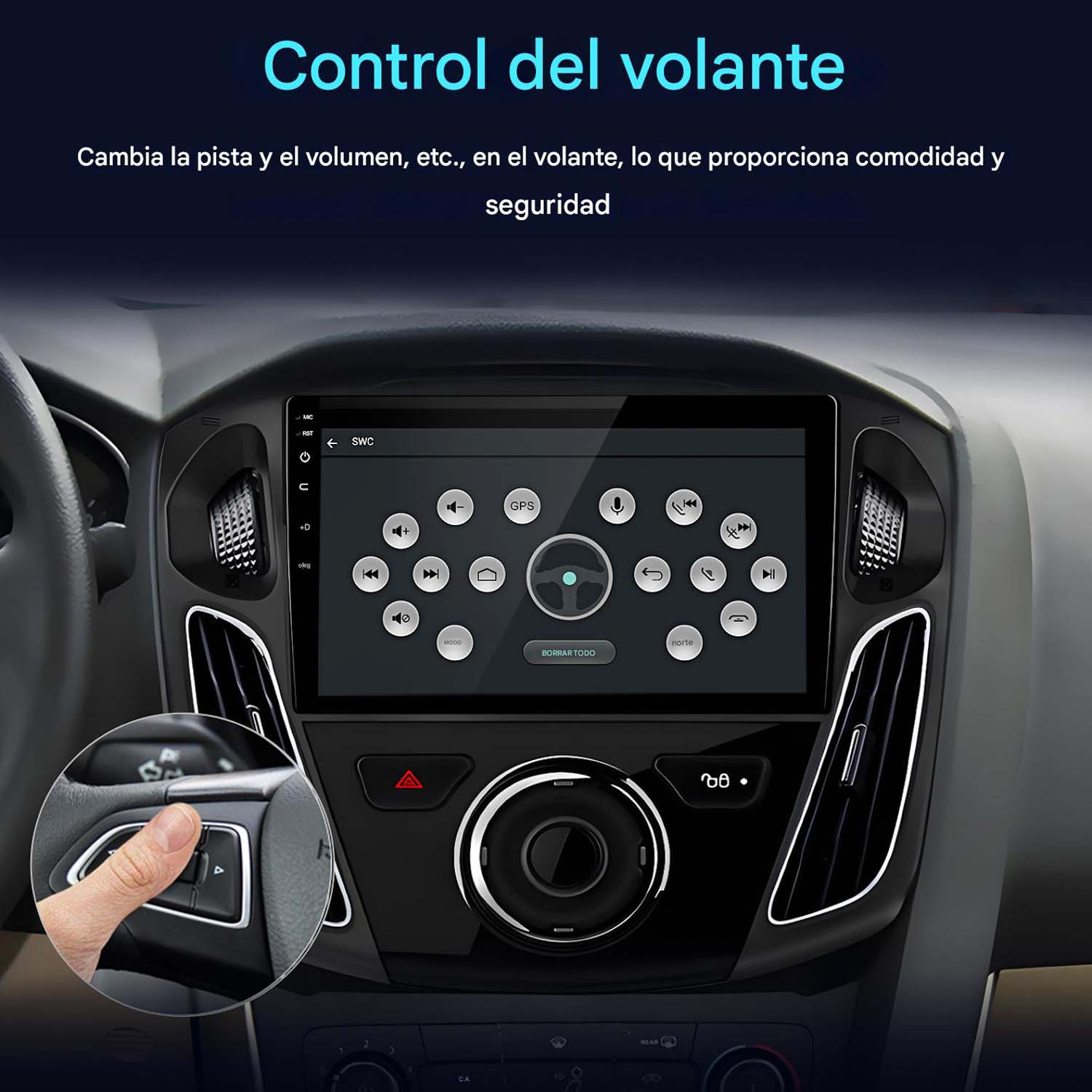 Un sistema estéreo de coche con pantalla táctil que muestra opciones de control para el volante, y una mano interactuando.