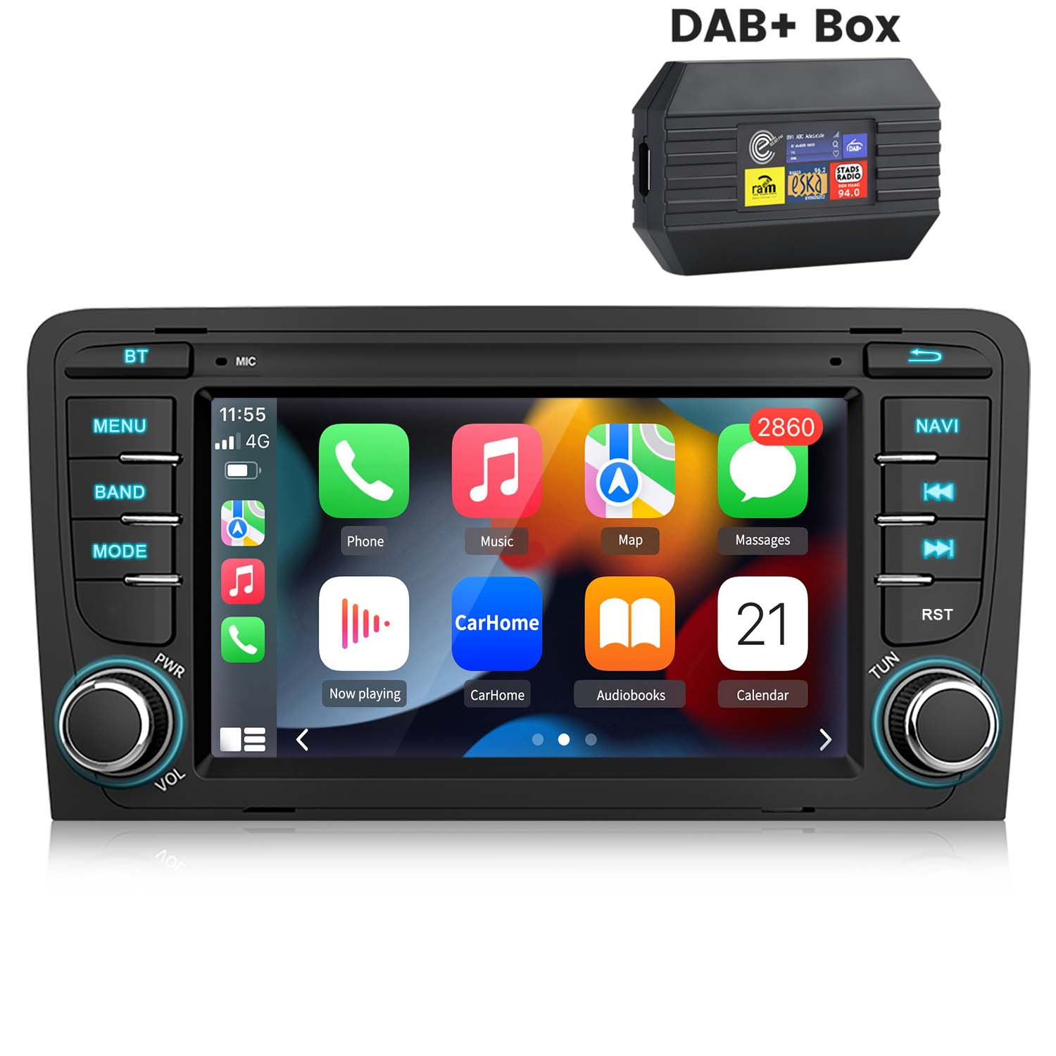 Pantalla de radio de coche con iconos de varias aplicaciones, incluyendo música, mapas y llamadas.
