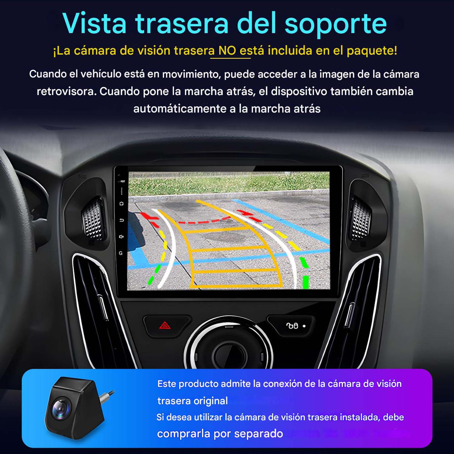 Pantalla del sistema de audio del coche que muestra una cámara de visión trasera.