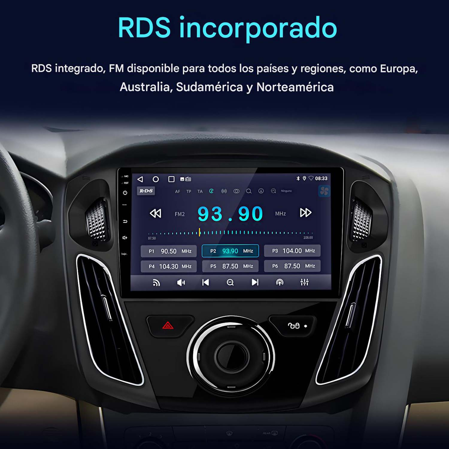 Pantalla de radio de coche con fondo azul que muestra detalles de frecuencia de radio. La pantalla está rodeada de botones y ventilaciones.