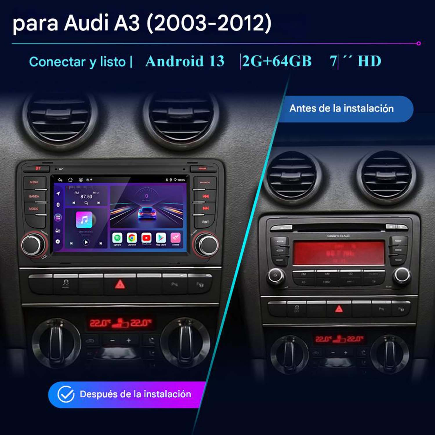Sistema estéreo de coche. Muestra instalación antes y después, con menús en pantalla.
