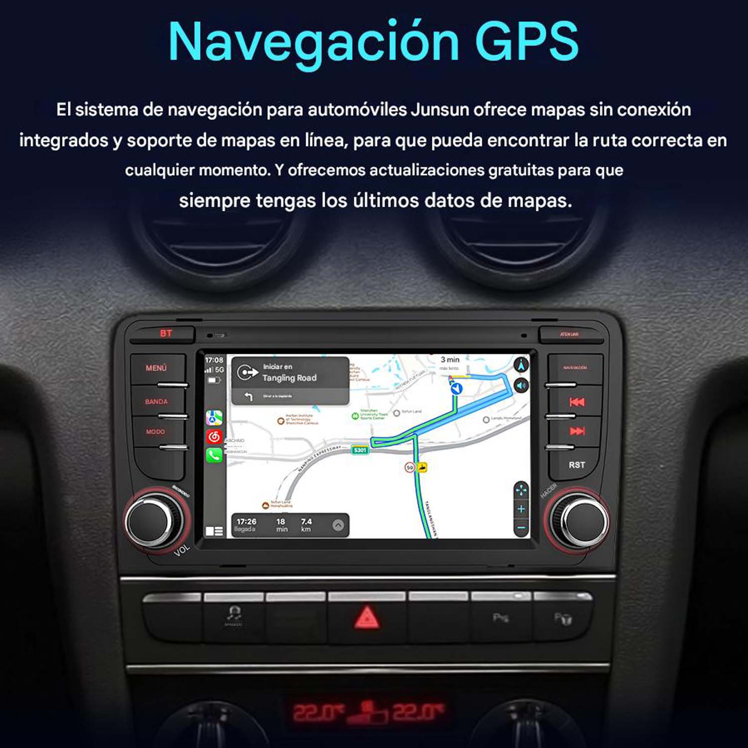 Pantalla del sistema de navegación del coche. Muestra un mapa con la ruta y los detalles de la interfaz.