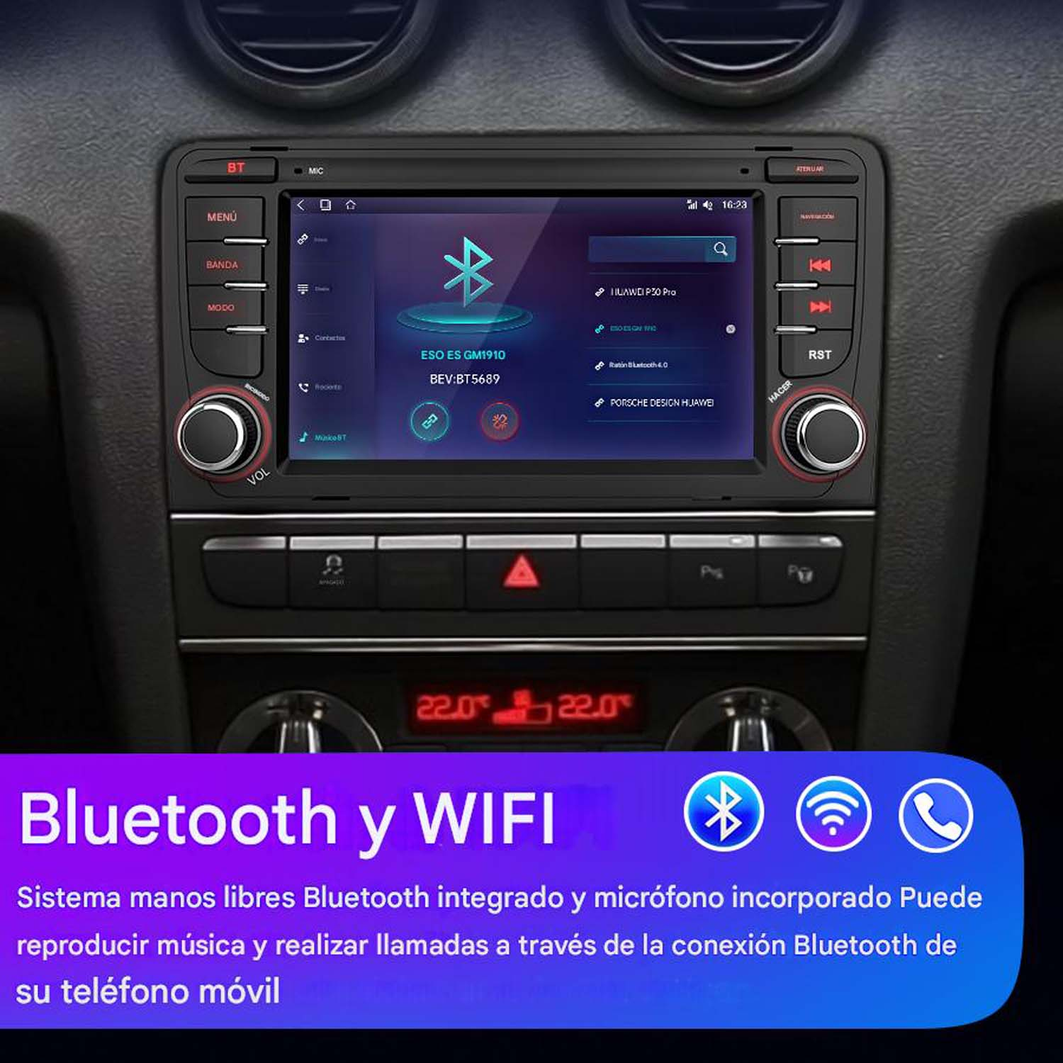 Panel de control del coche con pantalla mostrando opciones Bluetooth y WiFi. Texto: 'Bluetooth y WIFI'.