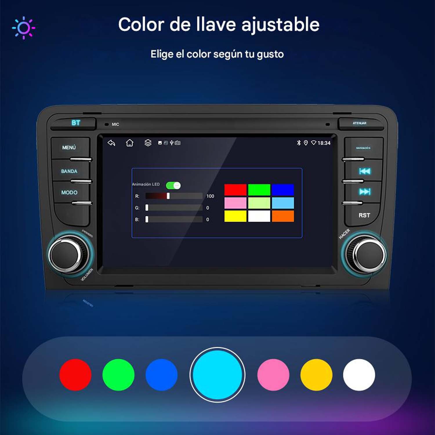Radio de coche con color ajustable. Pantalla táctil con varias opciones de color. Fondo negro.