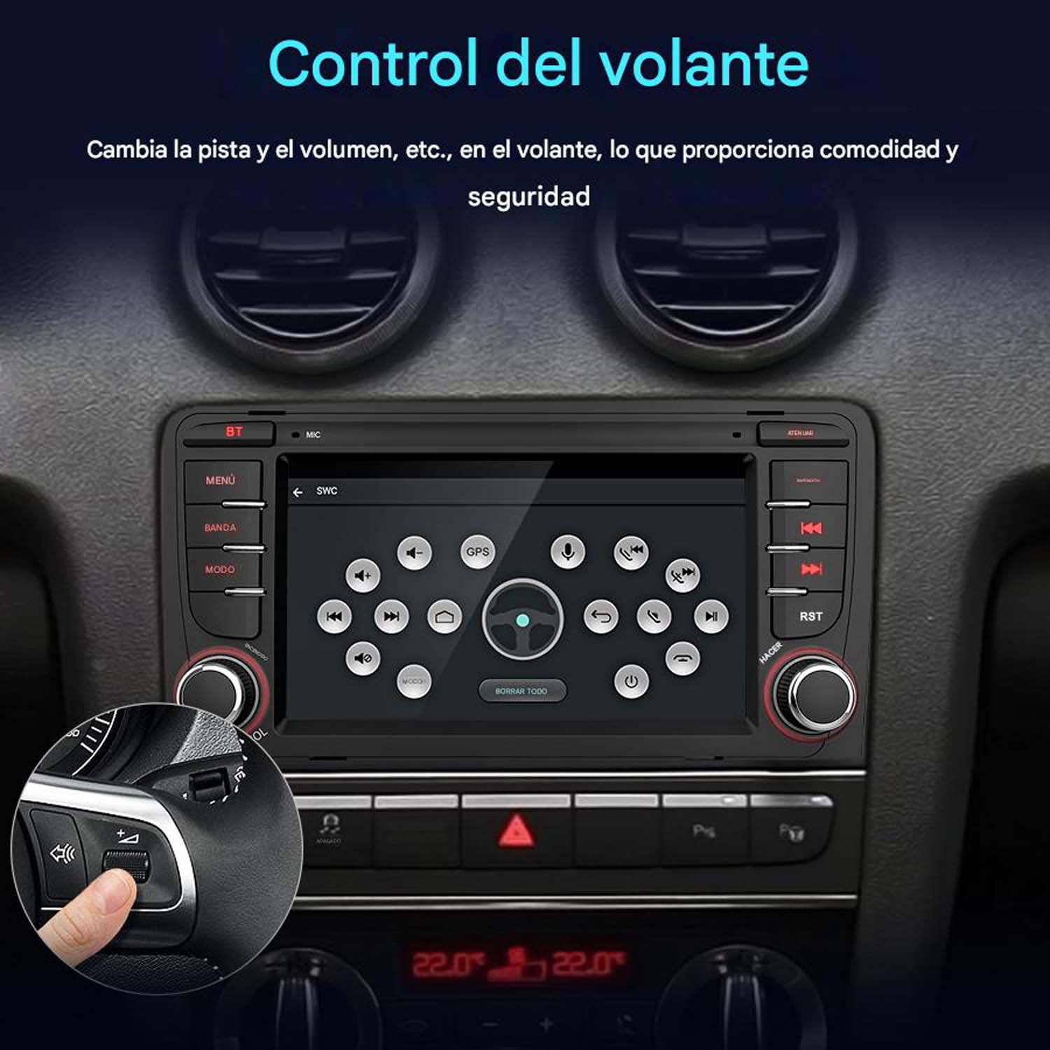 Estéreo de coche con botones y pantalla mostrando controles. Incluye botones para menú, banda y modo.