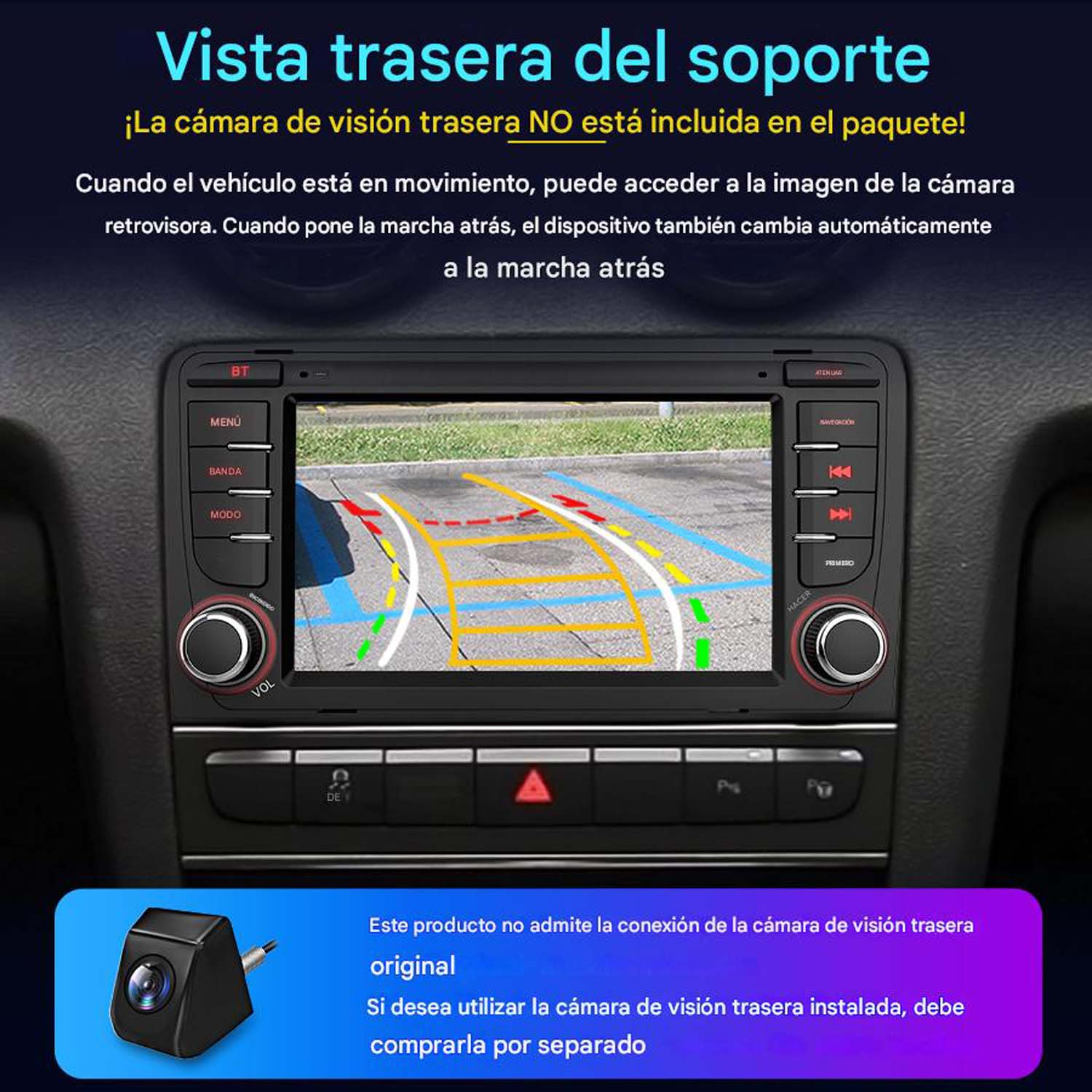 Pantalla del sistema multimedia del coche. Muestra una vista con botones y un diagrama con instrucciones de cámara.
