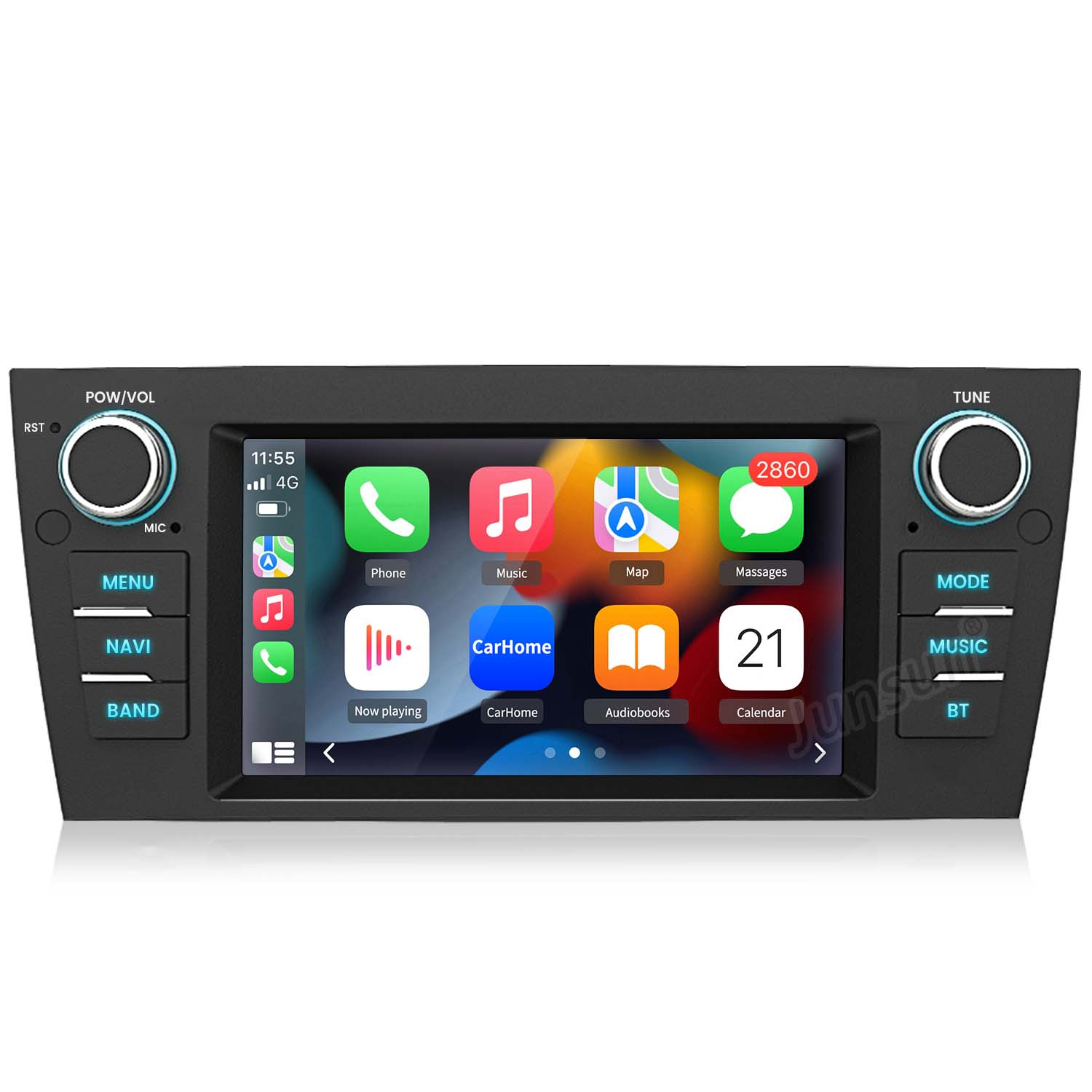 Autorradio con pantalla táctil. Muestra la interfaz del teléfono y opciones de música. Diseño negro.