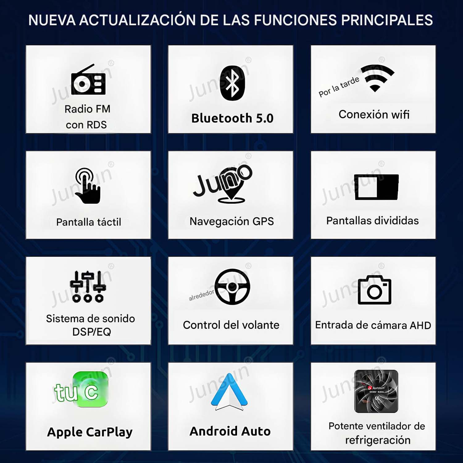 Características del sistema de infoentretenimiento. Incluye radio, Bluetooth, GPS, pantalla táctil y más.