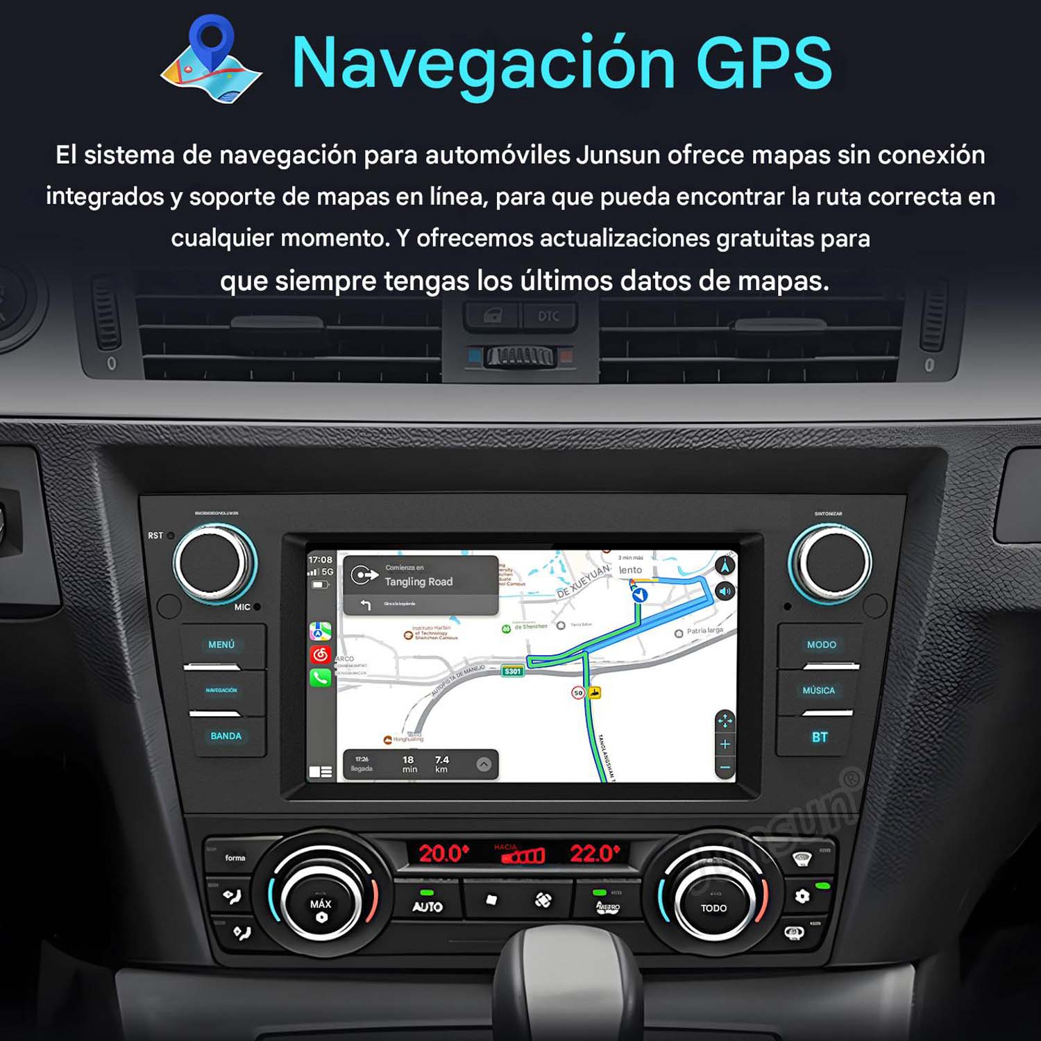 Pantalla de navegación del estéreo del coche, muestra un mapa. Texto: 'Navegación GPS'.