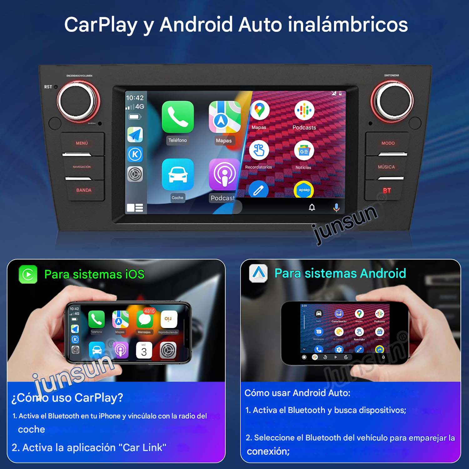Estéreo de coche con pantalla mostrando CarPlay y Android Auto. Incluye diagramas e instrucciones.