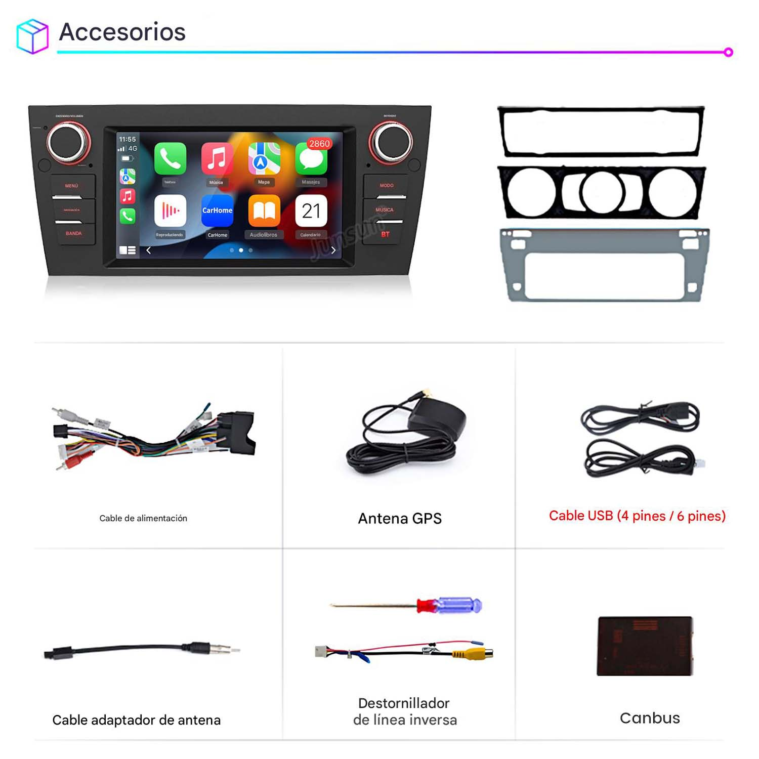 Accesorios de radio de coche: cable de alimentación, antena GPS, cables USB, adaptador de antena, destornillador y Canbus.