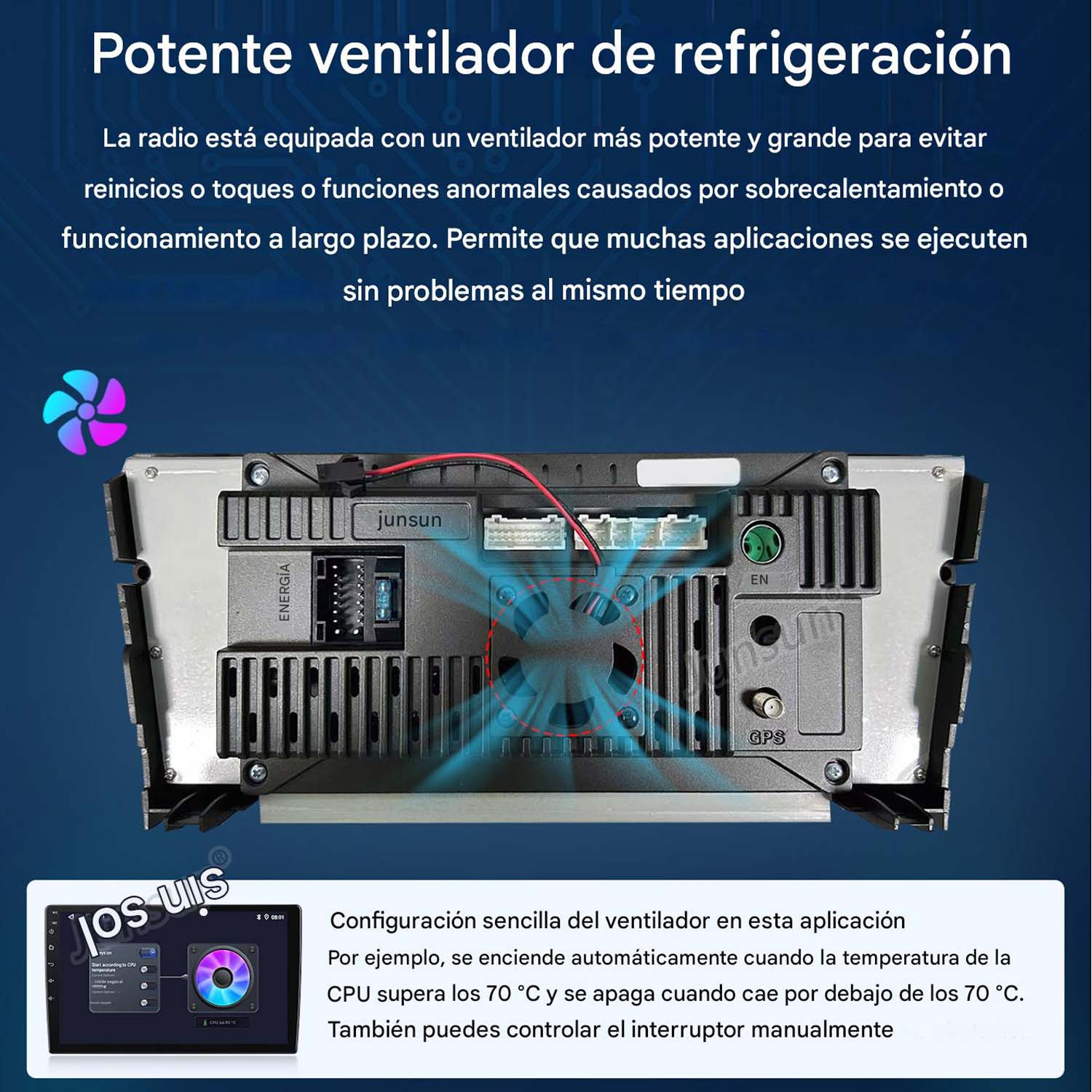 Vista trasera de una radio de coche con ventilador y componentes internos.