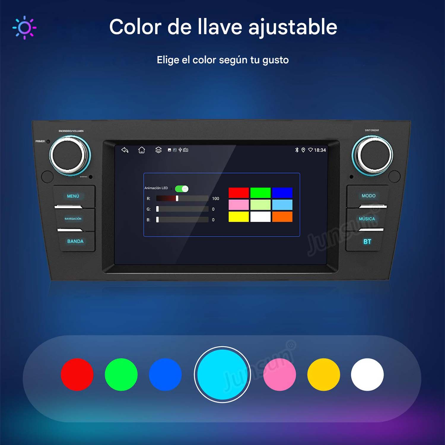Interfaz del sistema multimedia del coche. La pantalla muestra opciones de color con controles táctiles para personalización.