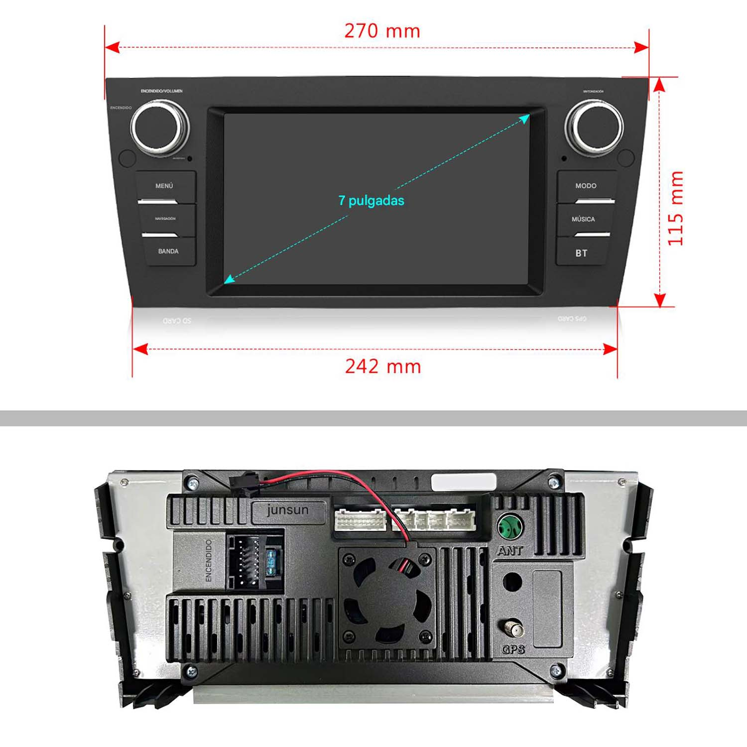 Radio de coche con pantalla de 7 pulgadas, botones y dimensiones. La parte trasera muestra puertos y un ventilador.
