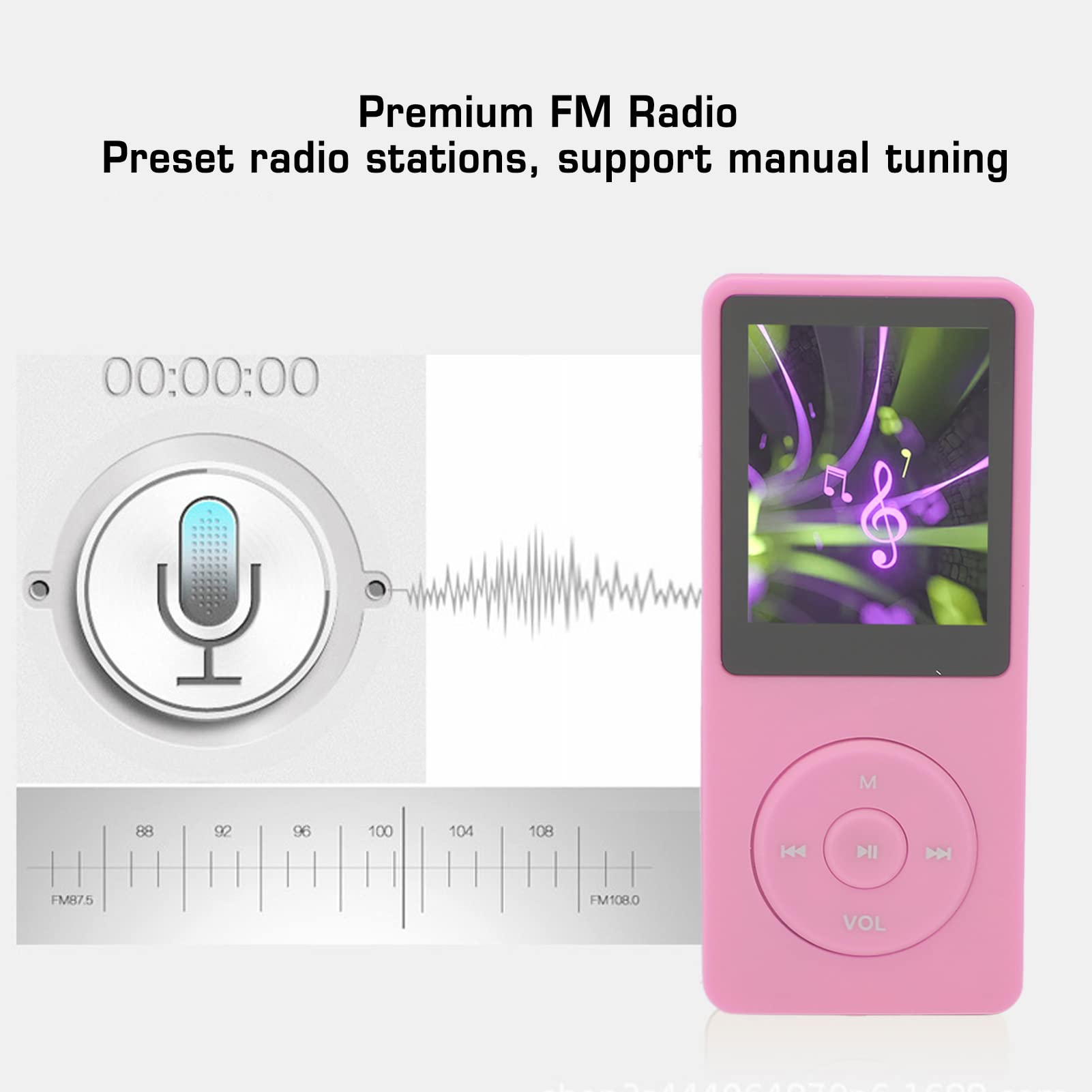 Pinkfarbener MP3-Player mit Bildschirm und Knöpfen. Das Display zeigt eine Musiknote und eine Wellenform.