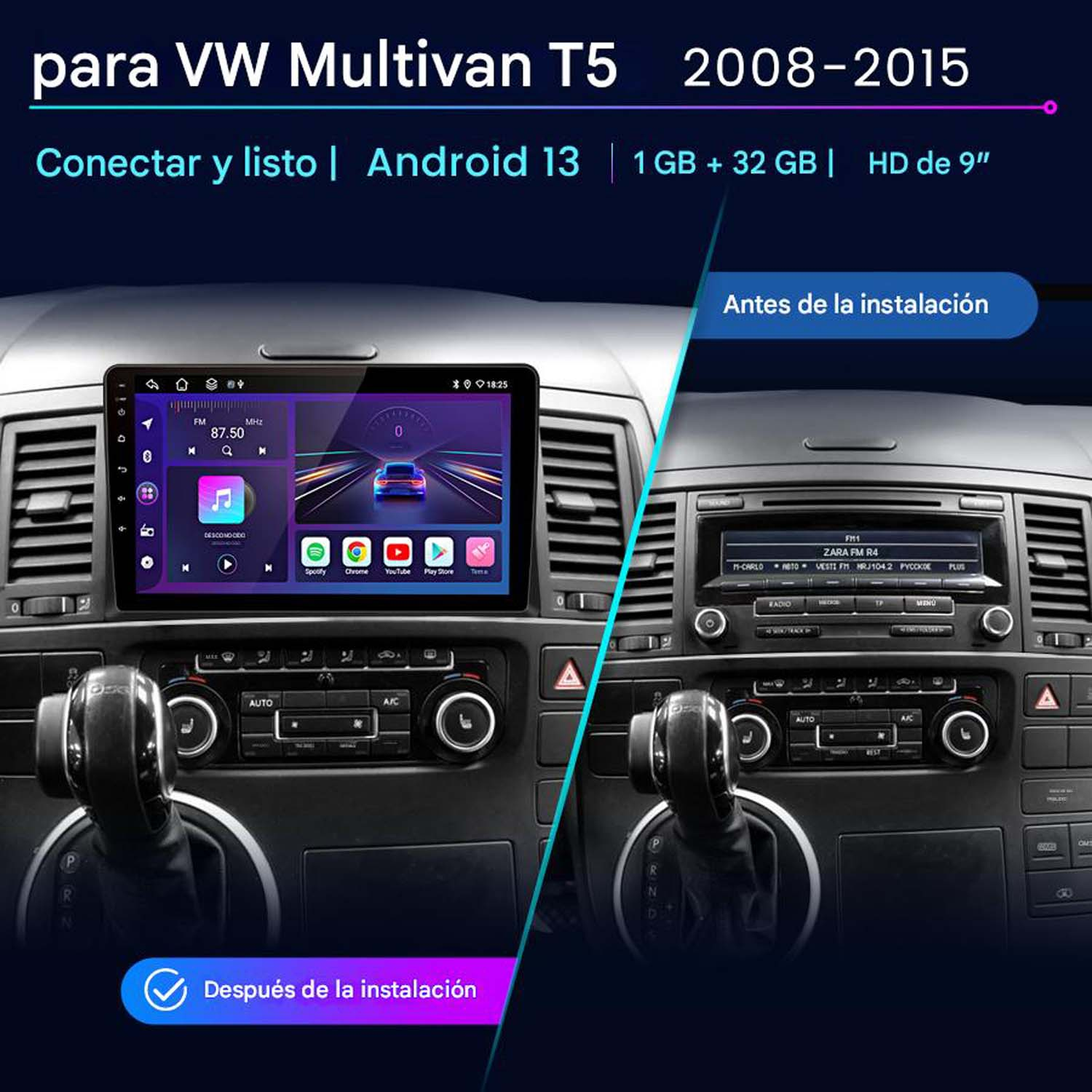 Sistema de audio para coche instalado. Una imagen muestra antes de la instalación, la otra después.