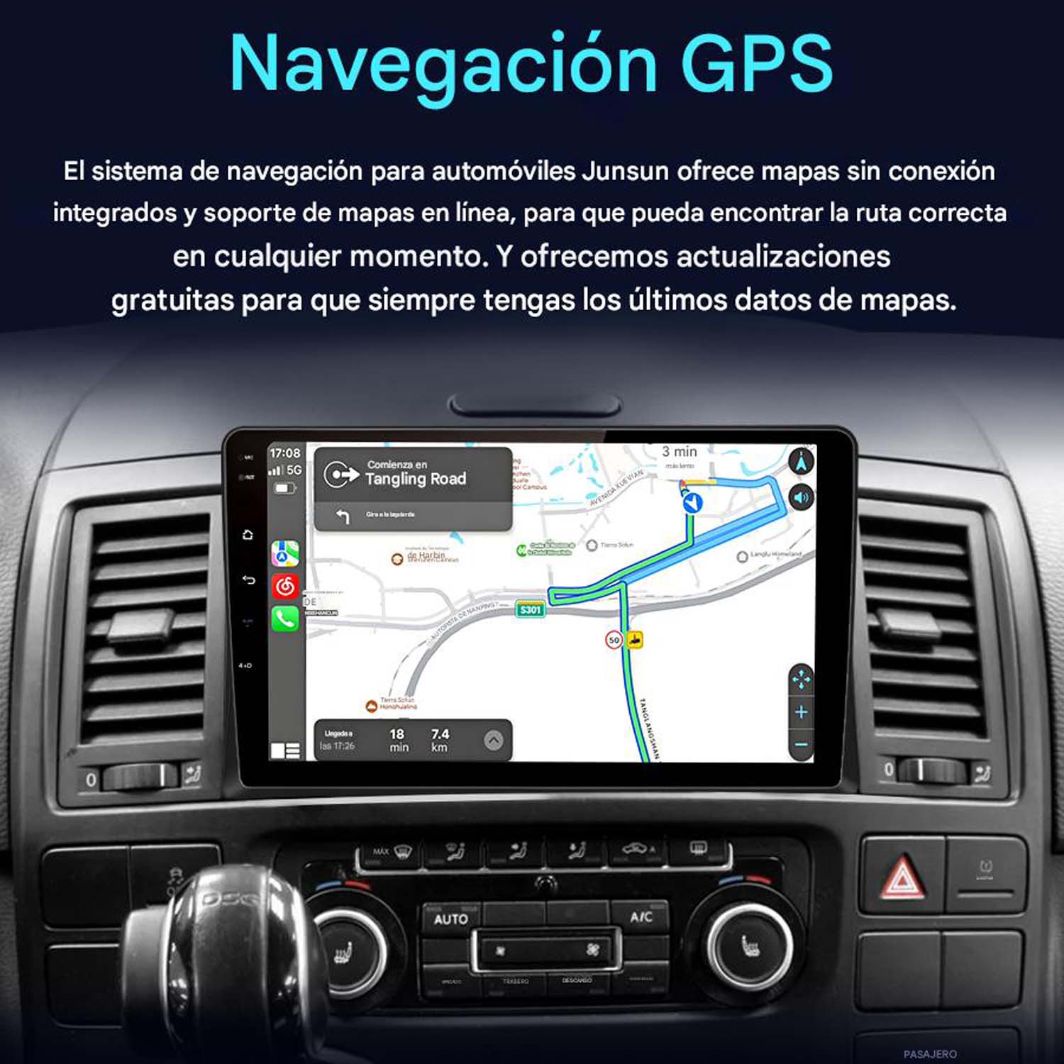 Sistema de navegación para coche que muestra un mapa con guía de ruta en pantalla.