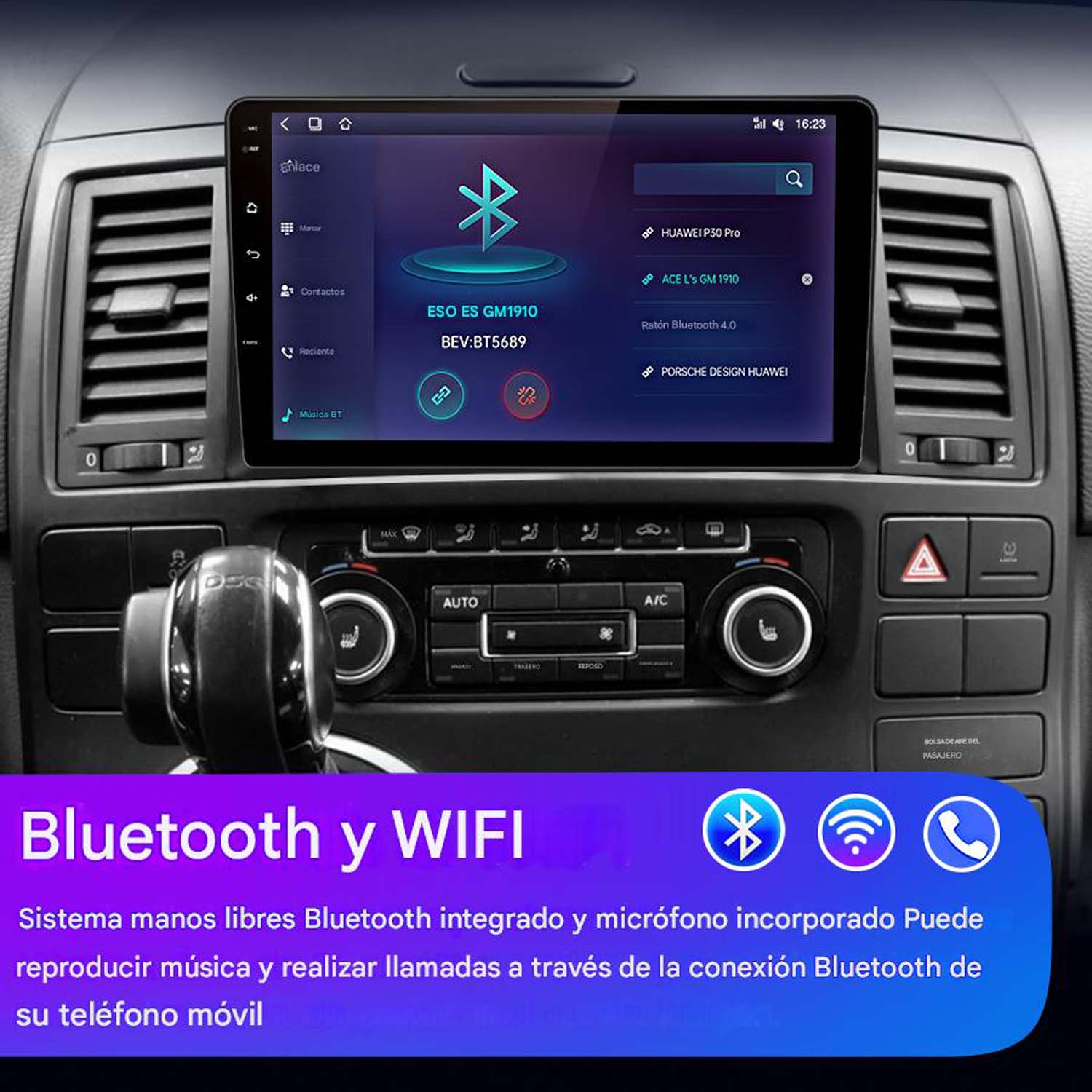 Pantalla de radio de coche que muestra la configuración de Bluetooth y WiFi. Pantalla del teléfono y controles visibles. Fondo interior del coche.