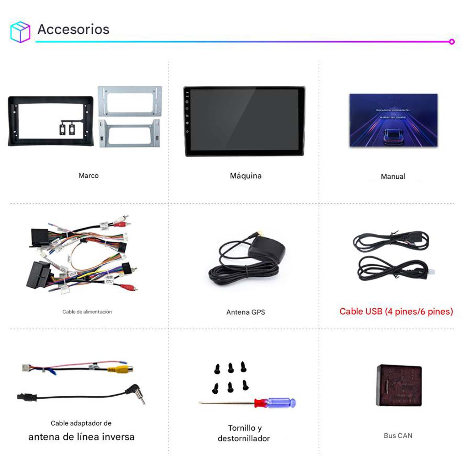 Accesorios para autoestéreo. Incluye marco, máquina, manual, cable de alimentación, antena y tornillos. Blanco.