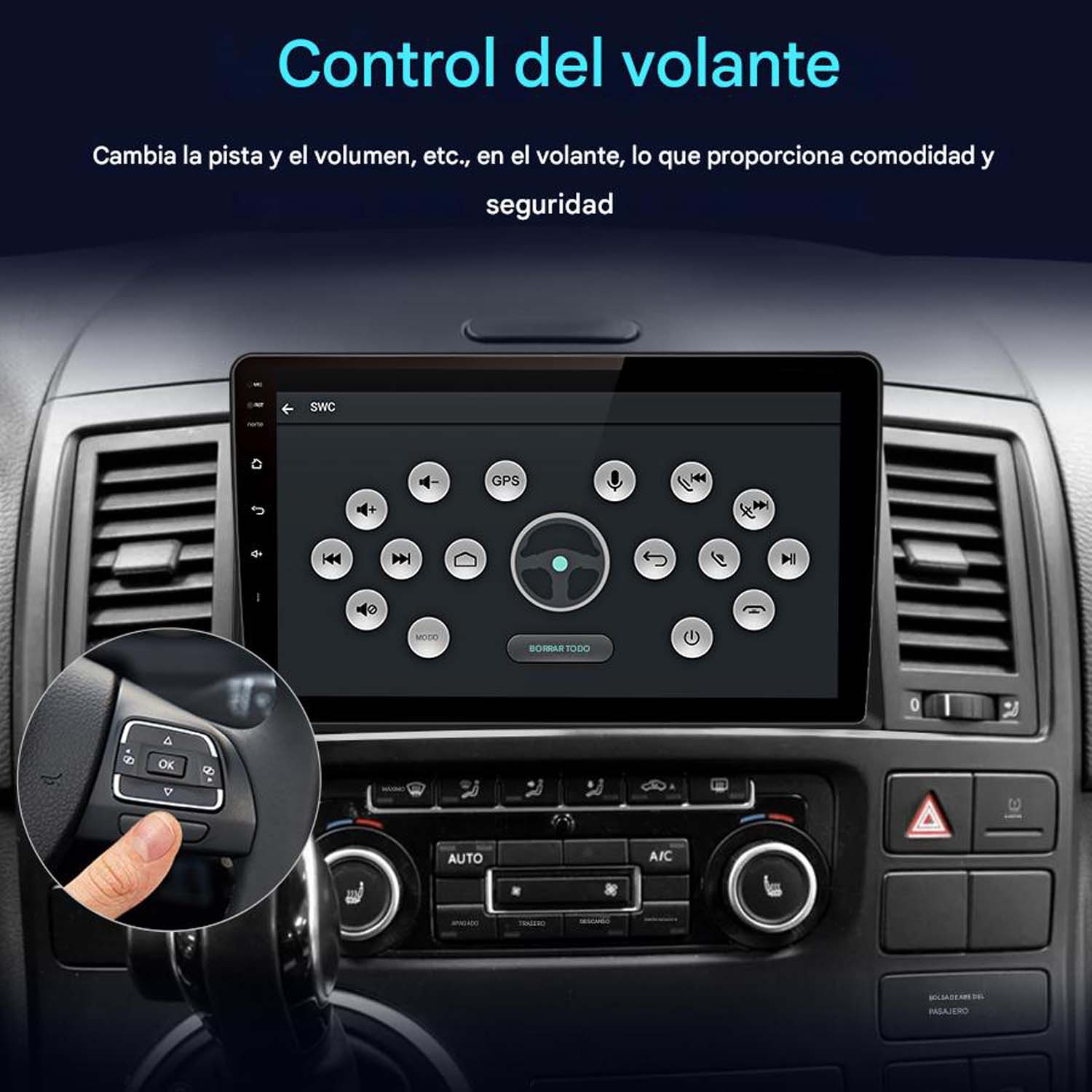 Control táctil del coche. Muestra una pantalla con botones. Una mano toca un botón.